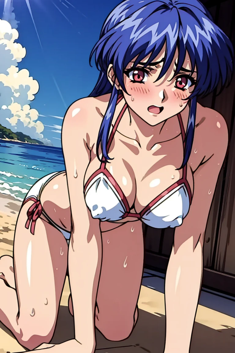 top-quality、lighting like a movie、 Girl's、barechested、beach、full of sweat、embarrassed from、Overexposed、The bikini、all-fours、Exposure、pink nipple
