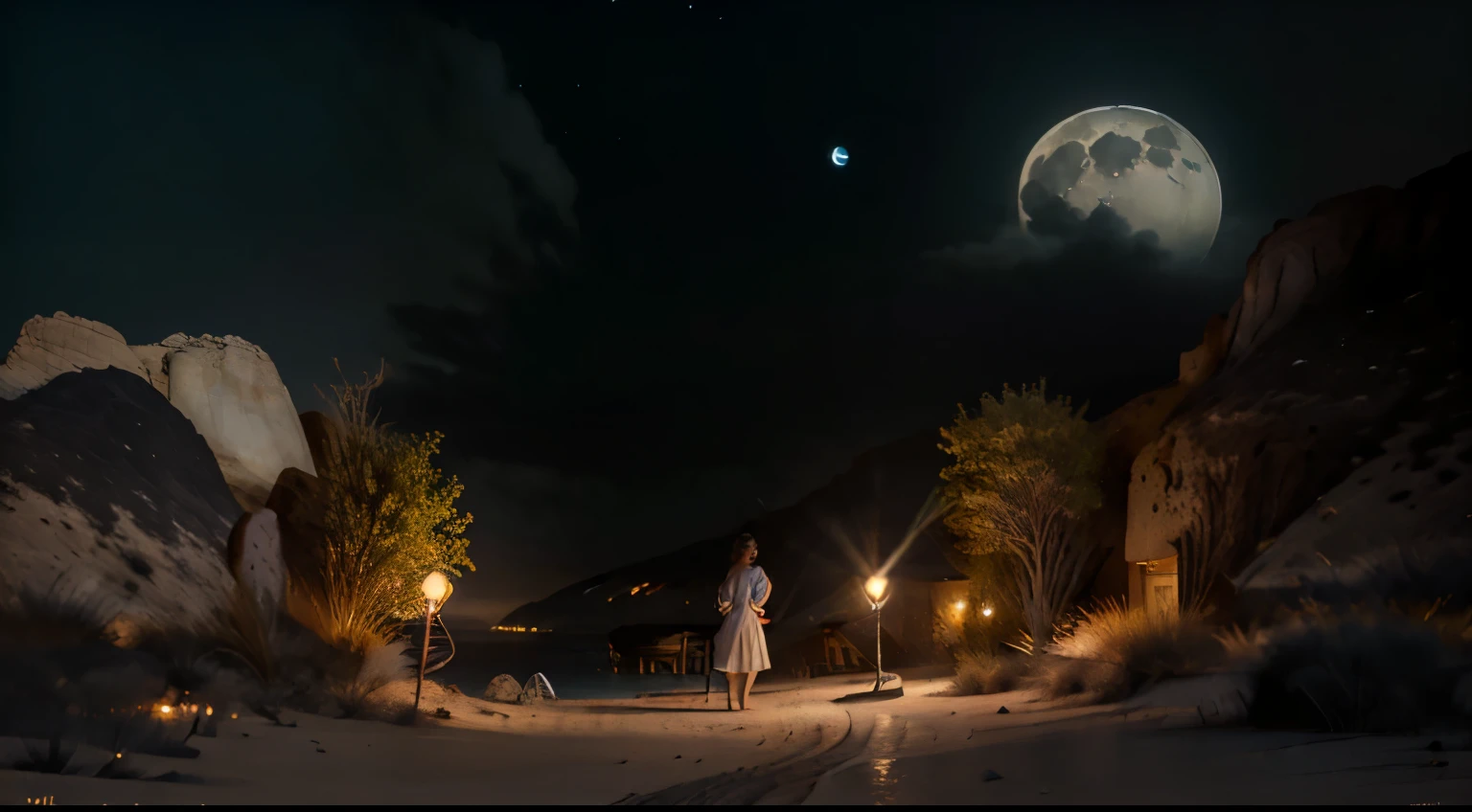 Image based on the paintings by Paul Delvaux. A bright moonlit night, a sea embankment, a calm dark sea behind the parapet.The night sky (Arkhip Kuindzhi) occupies the upper half of the frame, the sea view - the lower half. On the embankment, from left to right and from right to left walk numerous beautiful naked women with lush forms. Many are looking up into the sky. A sense of mystery, mystery and eroticism. Blue-lilac and white color scheme, bokeh effect. Cinematic detailed picture. There are no lighting devices in the frame, everything is illuminated by the moon.