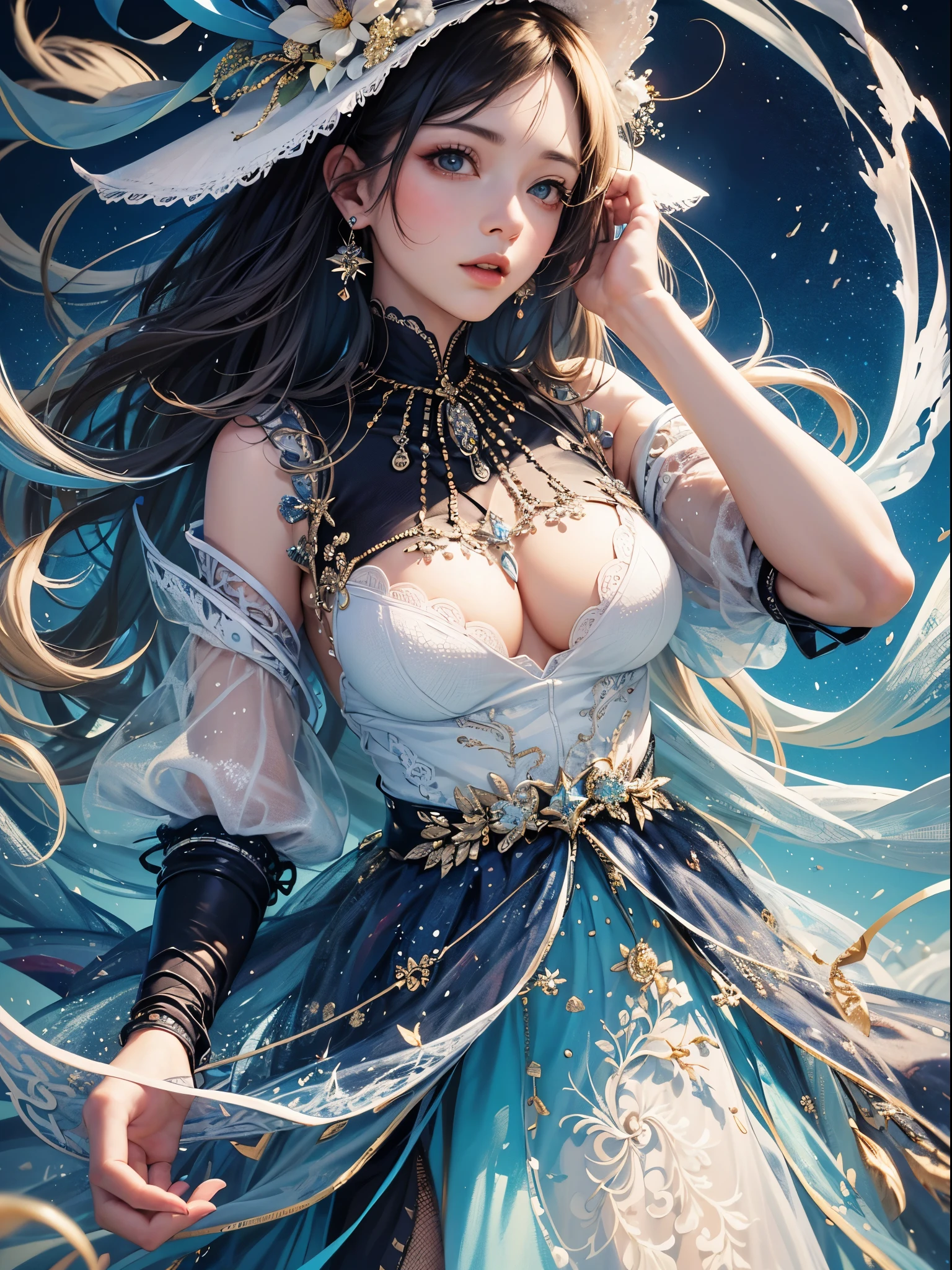 art, Unity 8k壁纸, Ultra-detailed, Beautiful and aesthetically pleasing, (s fractal art: 1.3), flower, girls, (Hairstyles: Long hair) Ocean, Extremely detailed, Cowboy shot, The most beautiful, Seafoam, Buble, cute big breasts, ultra quality, random background, random dress, --auto --s2
