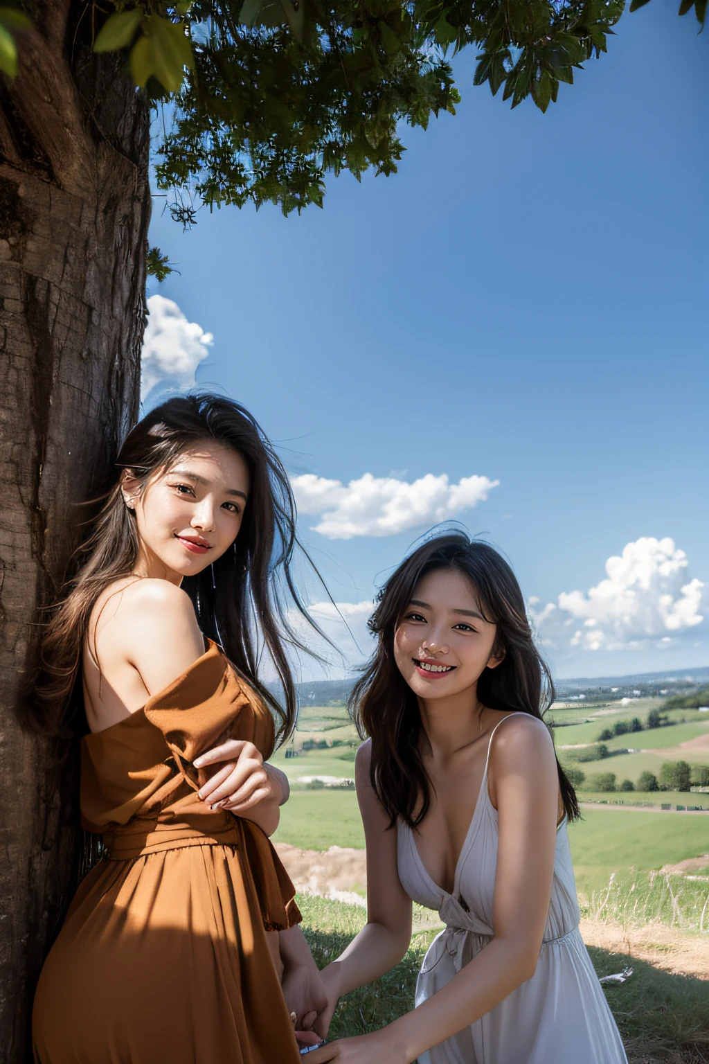 Ancient Roman landscape in the style of Poussin,A smile,,Sweet and seductive appearance.、Caravaggio's paintings、Chiaroscuro of Caravaggio、Hair disheveled in the wind,Two women frolicking,Cute smile, Expression of ecstasy,A sexy,erotick