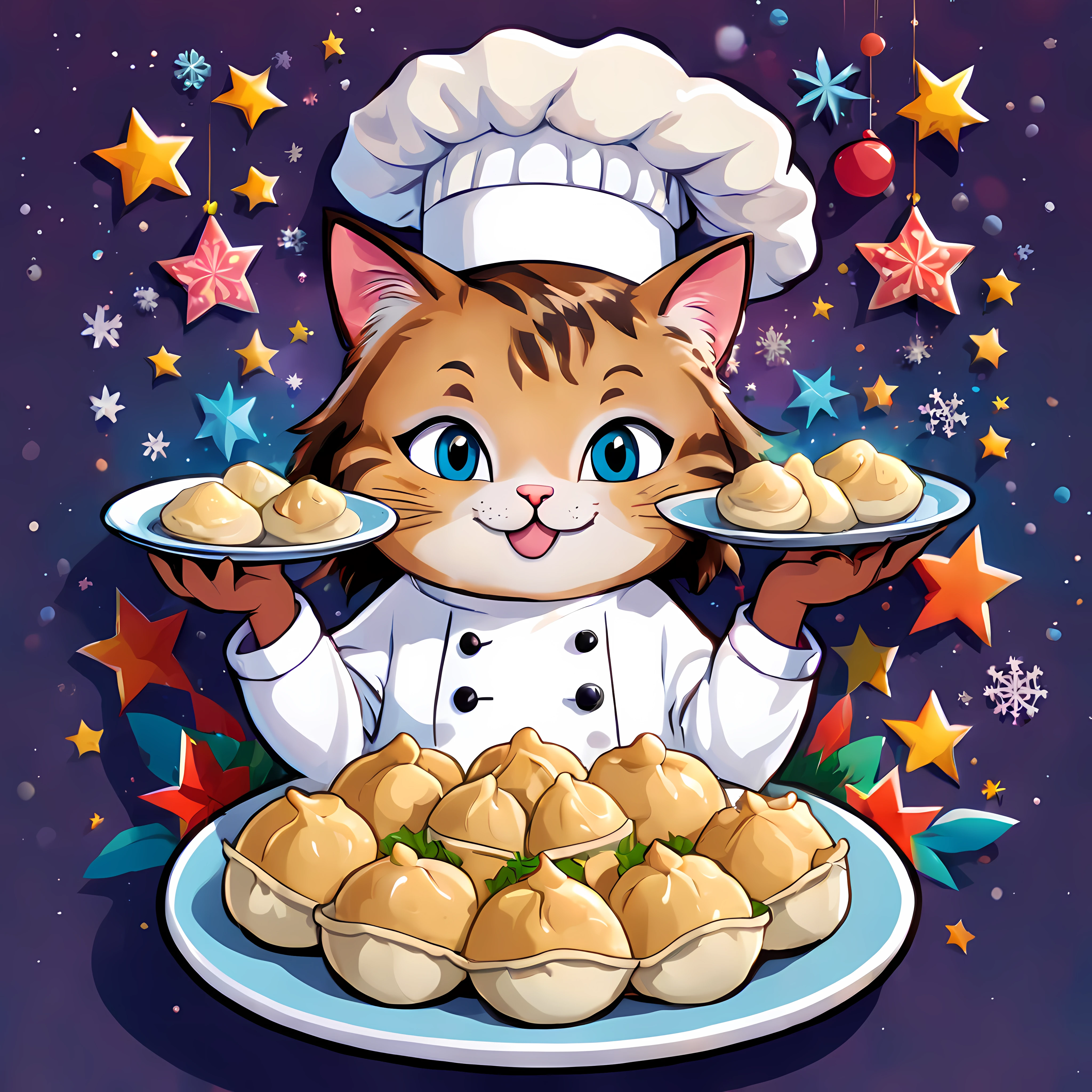 Dessin animé mignon, MignonDessin AniméAF, (Style de dessin animé mignon:1.3), (seulement:1.3). | Un grand (autocollant) d&#39;un adorable chat chef mignon (tenant une assiette de raviolis), (sourire au spectateur), (yeux vifs). | Les mots "Bon appétit" en police fantaisie. | Ambiance du Nouvel An, (flocons de neige scintillants), Nuit étoilée. | plus_détail