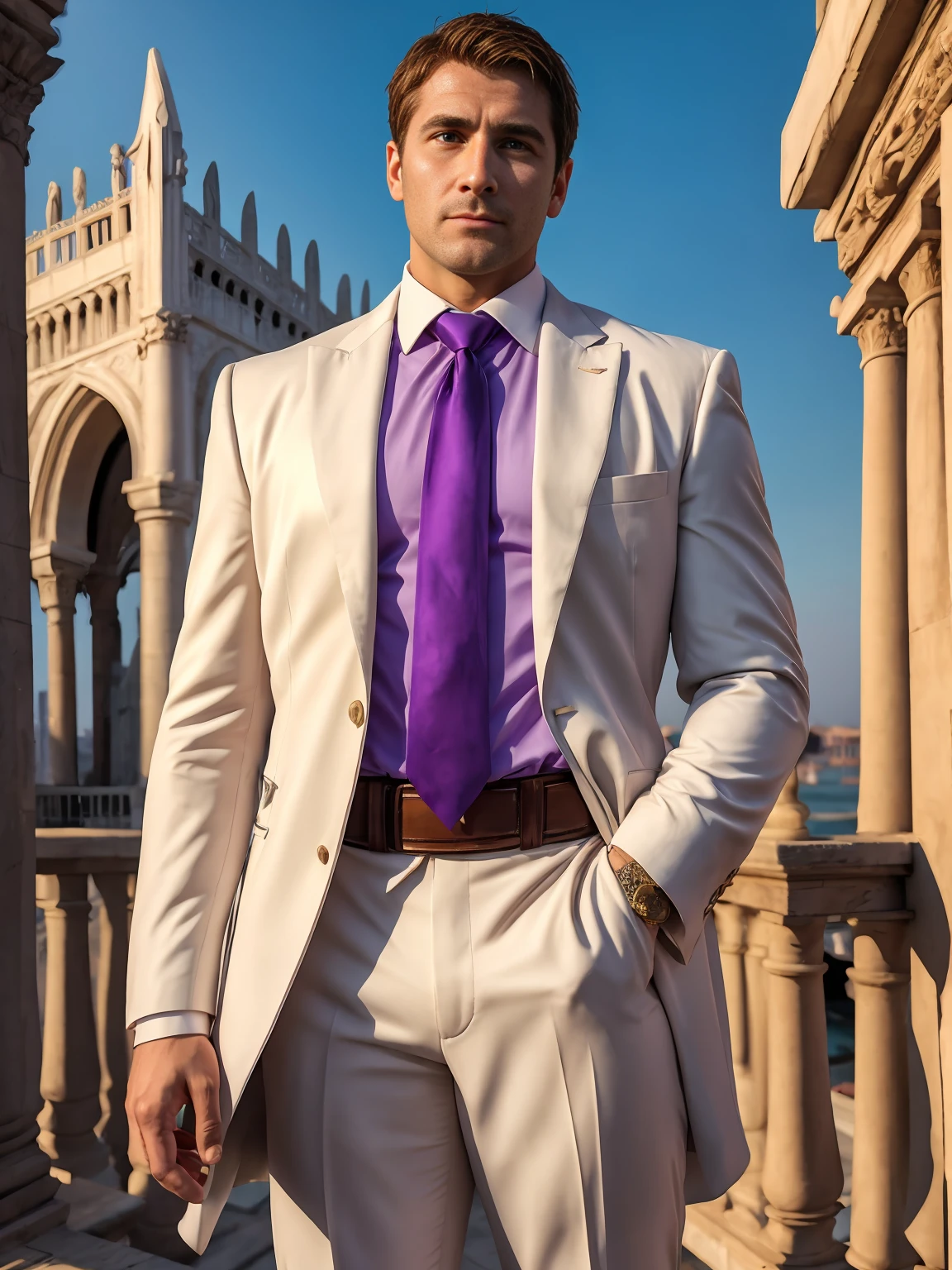 anime.Constantine the Great, Roman Emperor Constantine the Great resurrected in modern times。34 years old。one adult male。Long body。broad shoulder。thick neck。eyes like a lion。Bright and sharp eyes。Looking here。Sincere and kind。Kind and reliable。Deal with it sternly if necessary.。talented and hardworking businessman。successful gentleman。careerist。he is wearing a high quality white suit。dark purple tie。Light purple shirt。forceful。An overwhelming sense of control。romance novel hero。Bold composition。look up to。lyrical。Dramatic。heartful。Romantic。opulent。elegan。elegance。Venice background in the sunset。masterpiece。top-quality。Super beautiful。The ultra -The high-definition。detaileds。exquisite。