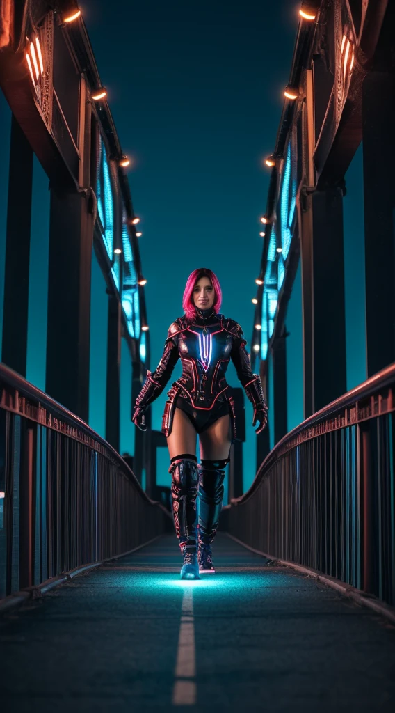 A tech-savvy femme fatale, her form embellished with glowing, bioluminescent implants and circuitry, walking along a bridge made of intertwined, luminescent fractal patterns that connect two colossal megastructures pulsating with energy in a dystopian cityscape.