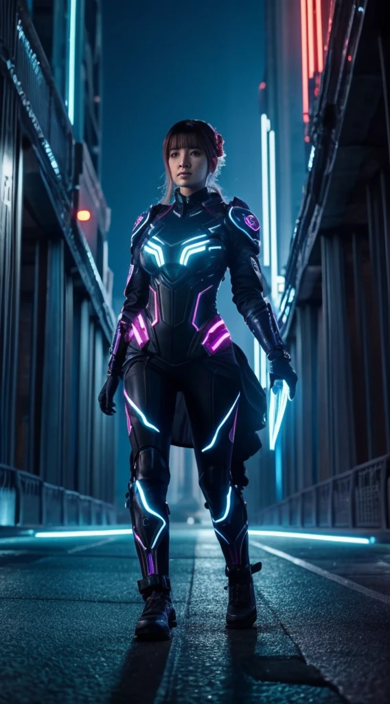 A tech-savvy femme fatale, her form embellished with glowing, bioluminescent implants and circuitry, walking along a bridge made of intertwined, luminescent fractal patterns that connect two colossal megastructures pulsating with energy in a dystopian cityscape.