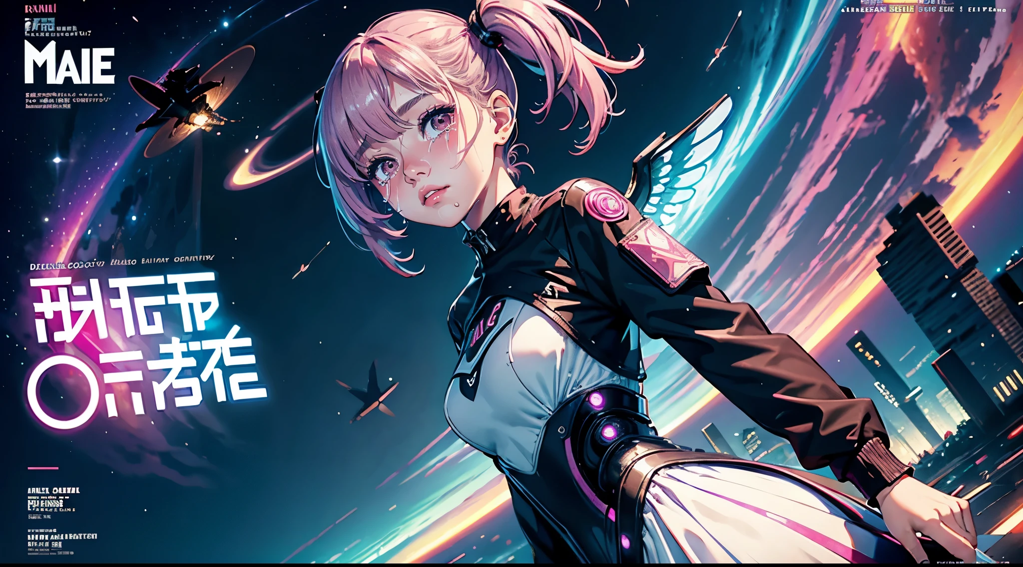 hair bobbles, wince, long eyelashes, solid circle eyes, light smile, ear blush, fang, (rainbow hair), makeup, blush, sad, sad smile, drop shadow, anaglyph, atmospheric perspective, 8k, super detail, accurate, best quality, (cyberpunk), cinematic lighting, masterpiece,1girll, short twintails, Colorful hair, flying, pink bows,((16-year-old female model)),( Stand Neck long sleeve black jacket), mecha, ((dress)), (aquarium), (angel halo), ( wings), (magazine cover), the background is sunrise with planets and shooting stars, aurora, beautiful sky, space view, (wide shot), ((((text)))), (cover), bold, attention-grabbing, ((title)), stylish, (((font))), panorama, eye level shot, tile from below, title from side, title in middle, ((((magazine cover))))