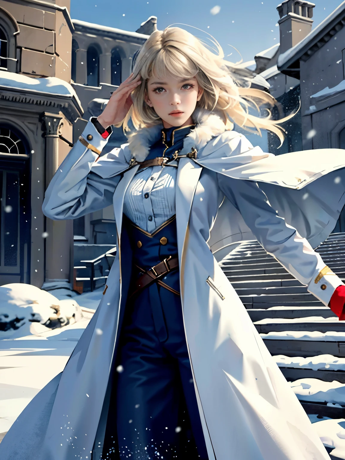 (highest resolution, distinct_image) Best quality, single person, one girl, solo, masterpiece, highly detailed, realistic, long hair, braided white blond hair, banglue military uniform underneath coat), depth of field, outdoor background, falling snow, ((big breasts)), authoritative, dignified, calm and powerful expression, ambient lighting, exquisite facial features, fur trimmed white coat, open coat, looking at viewer, head to waist, in a terrace of a monumental building, (((front bangs))), dynamic angle, striking a pose