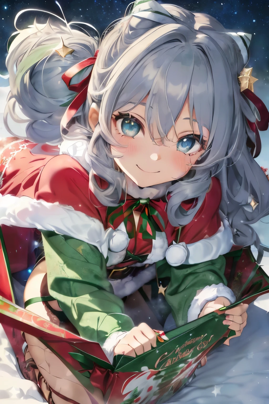 (Glossy gray hair),(Fluffy hair with curls:1.2),(Light green eyes),(With bangs),Slight red tide,(cute smiling face:1.25),(christmas color ribbon:1.4),(full body lace up:1.45),(Tortoise shell binding:1.3),(A night when the moon shines beautifully),(Holy Night),(Snow is piled up),(Colorful and beautiful Christmas illuminations),(Gorgeous Christmas Tree),(🎄),(They're having a good time.:1.25),(A fluffy and fluffy cape is draped over his shoulders.),(lots of christmas presents:1.3),(close up of face:1.5),(Eye size:1.7),(Inside your eyes are shining like stars:1.65),(nsfw:1.3),(legs spread wide:1.2),(front angle:1.2),(Exposure:1.65),