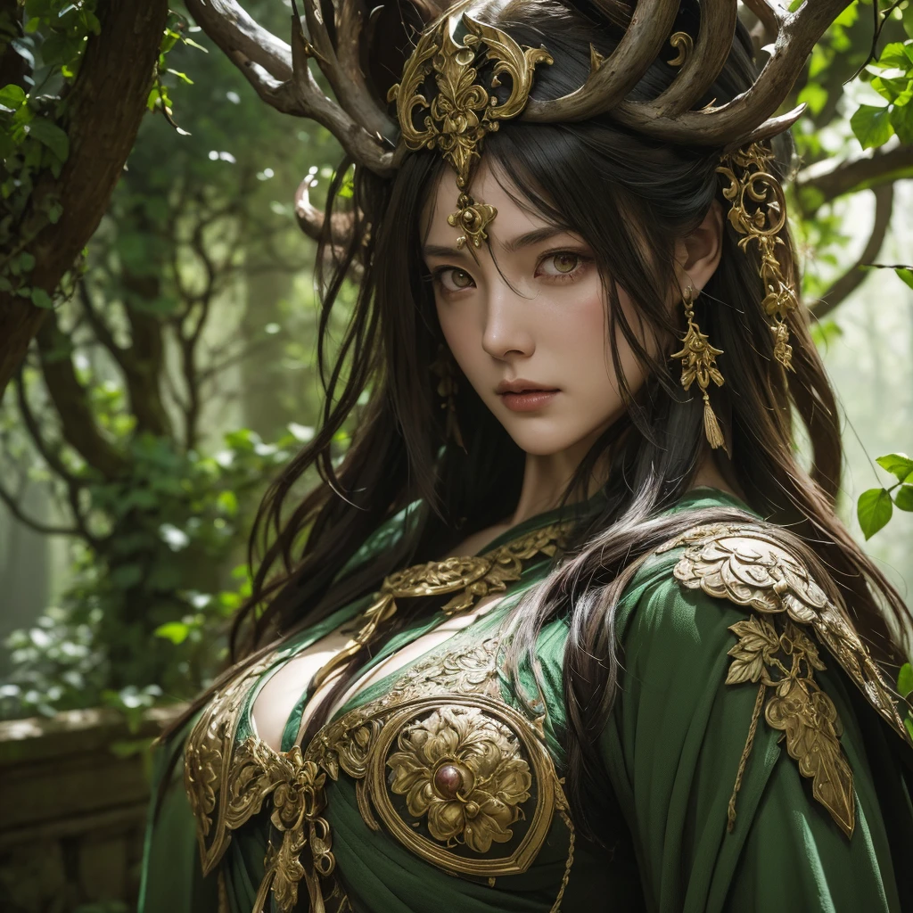temple priestess, Dark_Forest background. ivy framing, druidic motifs. soft lighting, sharp focus, influenced by Marc Simonetti, Yoji Shinkawa, WLOP. Paint drops, rough edges, intricate details, trending Artstation. Studio photo, highly detailed
