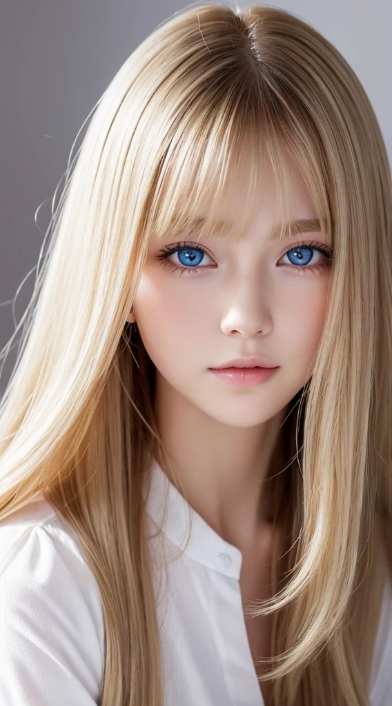 shiny, Beautiful white skin、Hair color changes with light、Long bangs block the view、cheek gloss highlights、Sexy and very beautiful, Nice, kawaii, gorgeous faces、The most beautiful face in the world、The most beautiful super long blonde hair in the world、suave, straight haired、Bright light blue eyes, light fixtures、beautiful pony、Beautiful Swedish beauty girl at 15 years old、Baby's face