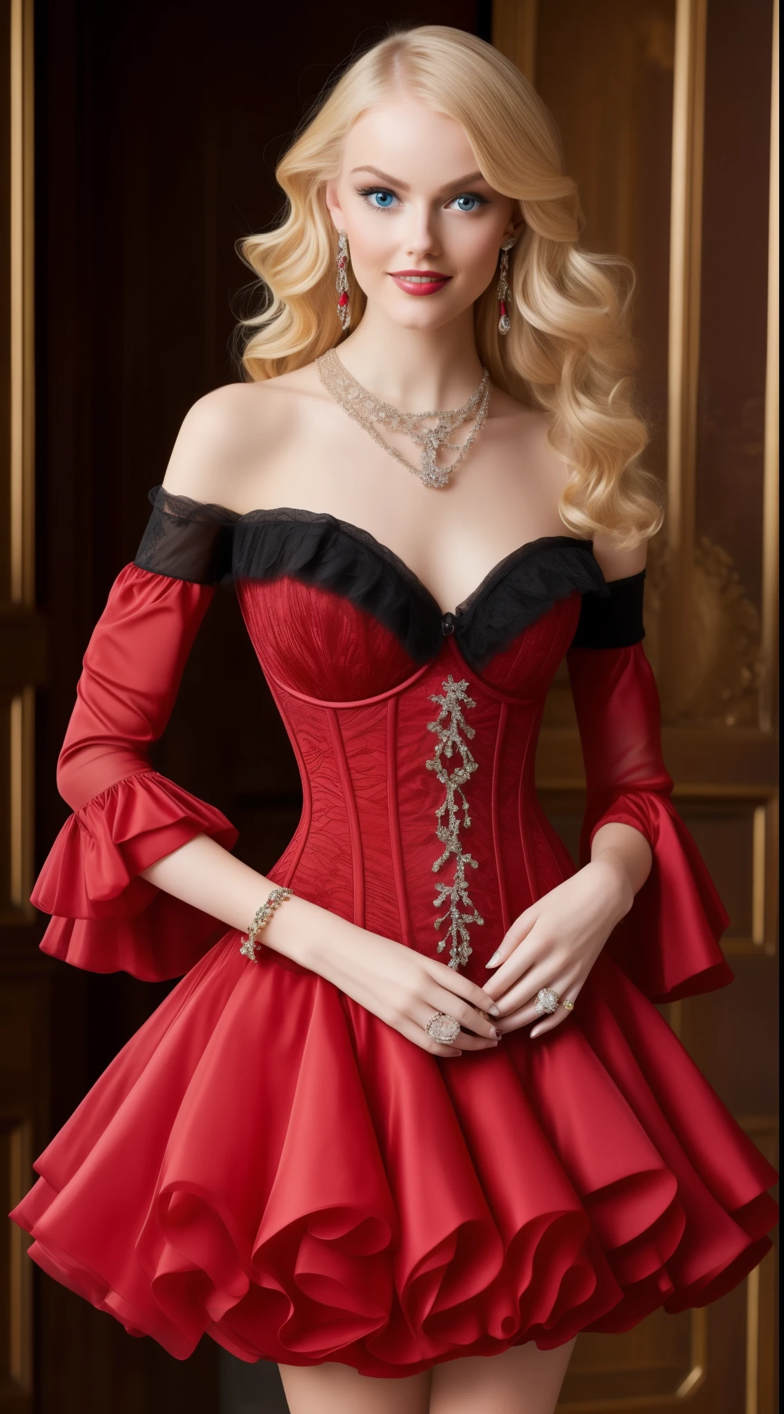 high quality fingers, normal hands, detailed fingers, masterpiece, (realistic, photo-realistic:1.37), (full body:1.5), High-end editorial-style photoshoot highlighting the beauty of a woman with blonde hair and bright blue eyes, dressed in a chic red and black corset, thin waist, seductive smile, large tits, perfect body, perfect face, (full body:1.5), set within the refined atmosphere of a Victorian ballroom. Stylish, elaborate jewelry made with expensive gems.
