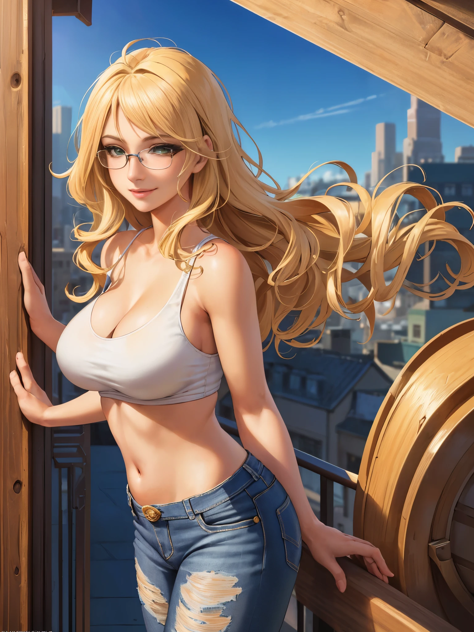 (masterpiece:1.2, best quality1:1, ultra-detailed:1.2, best shadow, 8k:1.1), (massive city:1.3, rooftop:1.1, city structures below, handrails), (contrasting background, bright background), (beautiful detailed face), high contrast, (perfect illumination:1.2, beautiful color, delicate color), ((cinematic light)), colorful, hyper detail, dramatic light, intricate details, (1 girl, solo, sandy blonde hair, smiling face, wavy hair:1.1, green eyes, dynamic angle, white tanktop, jeans, cowboy shot, arms down), depth of field, glasses