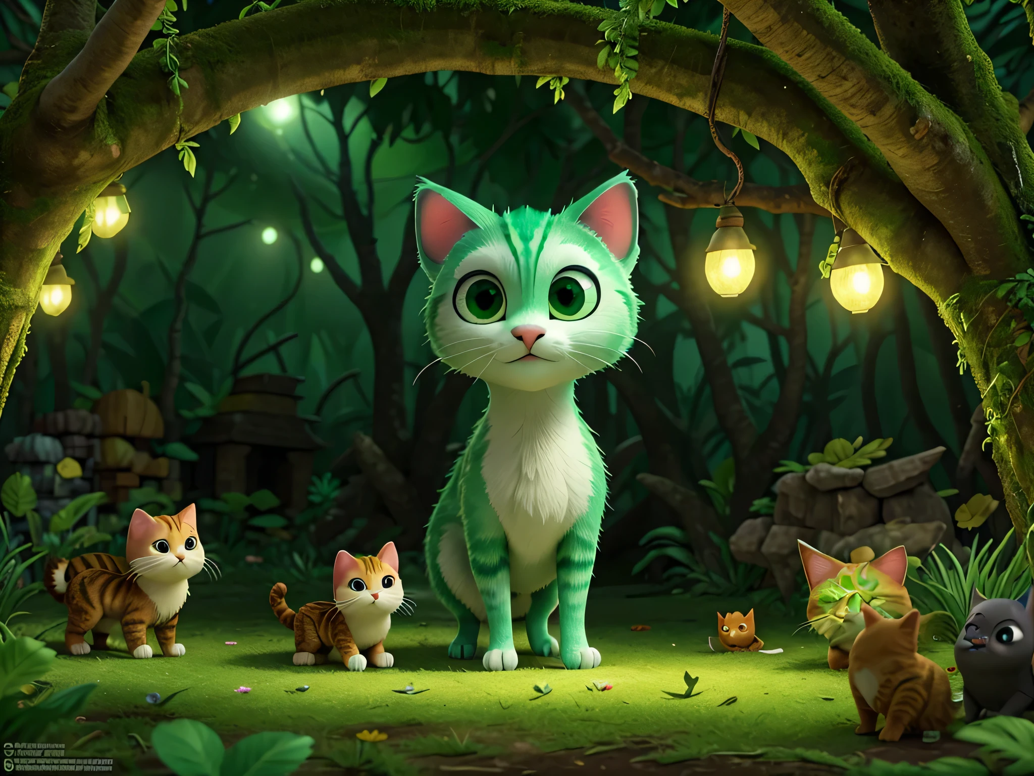 Uma floresta, cursed, assustadora, escura, noite, com gatos pretos, com chapeu de bruxa, olhos verde, floresta iluminada por lamparinas, detalhes, luzes, 8k, pixar