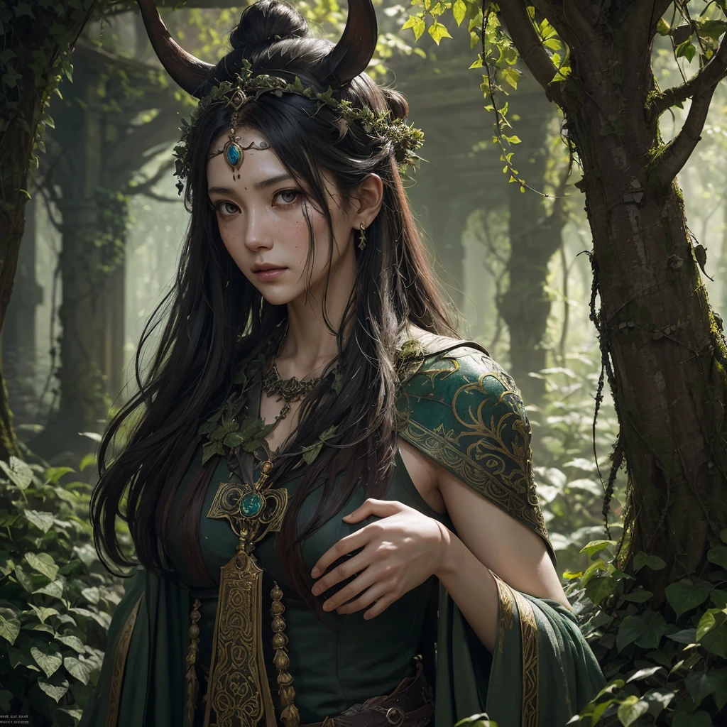 Illustration, dark fantasy, melanholy, beautiful young woman in traditional clothes, forest, hospital, plants tattoo on hand, ritual,
