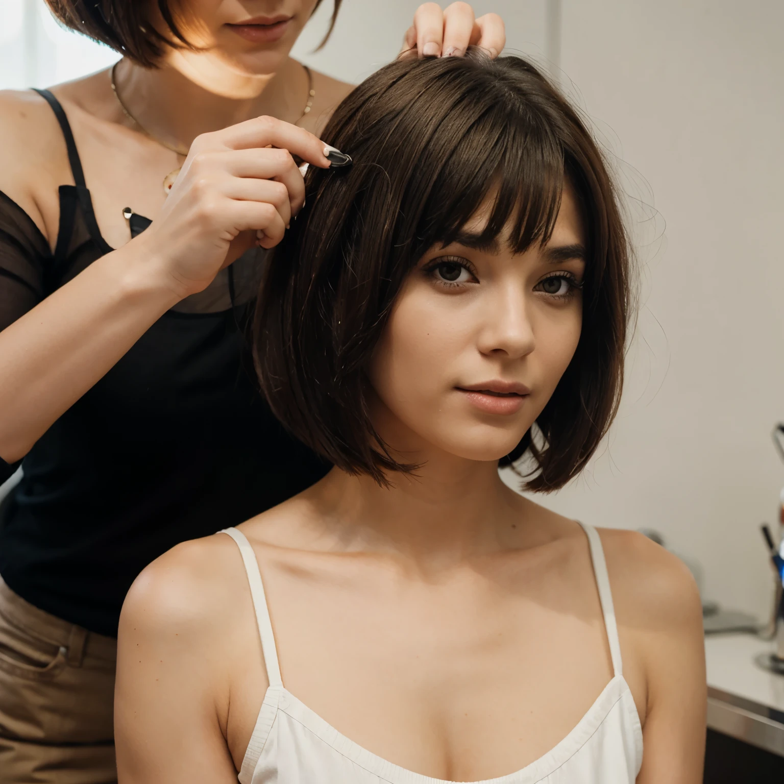 Woman getting a bob haircut