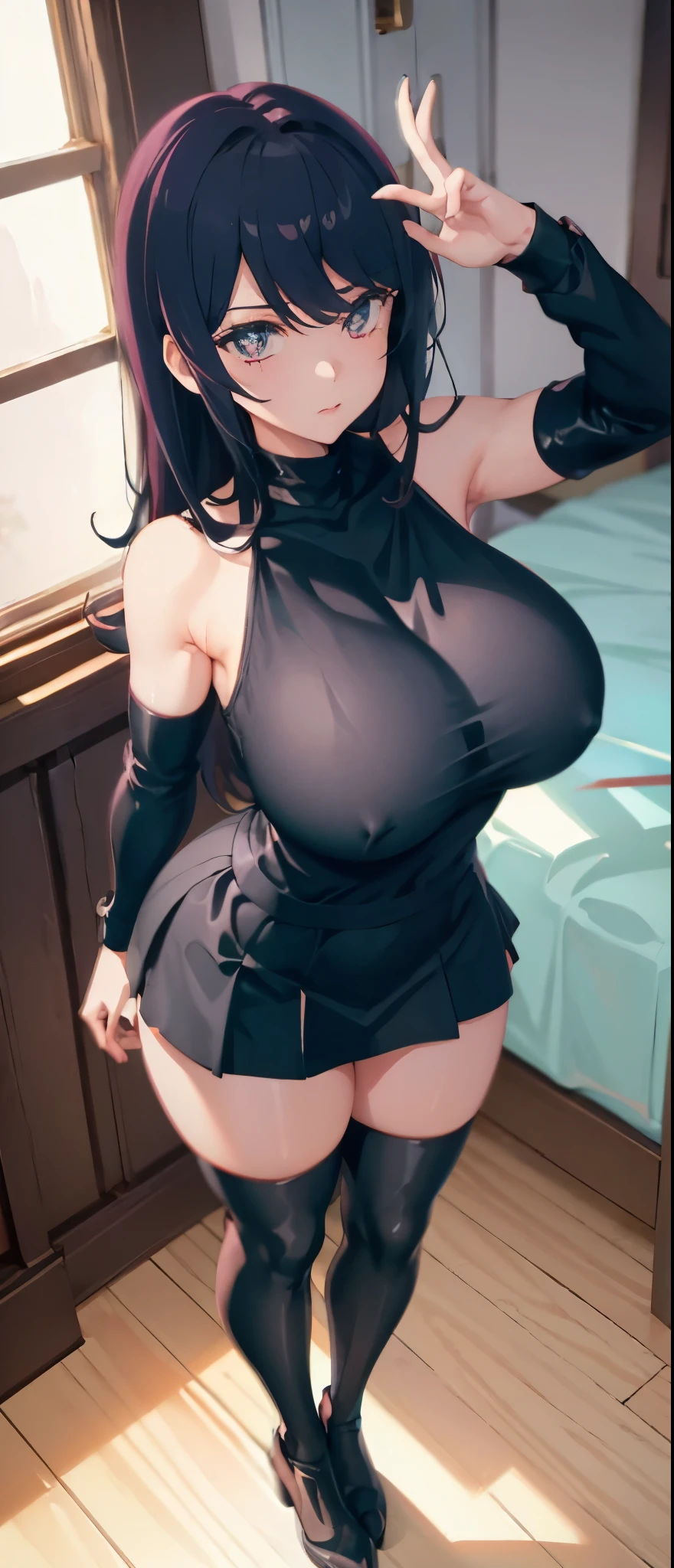 ( Beatiful sexy shaped Black socks ) , Black skirt , , big breasts , ( NSFW ) , tall legs , smile , ( milf ) , HD , detailed eyes , smile , bend over
