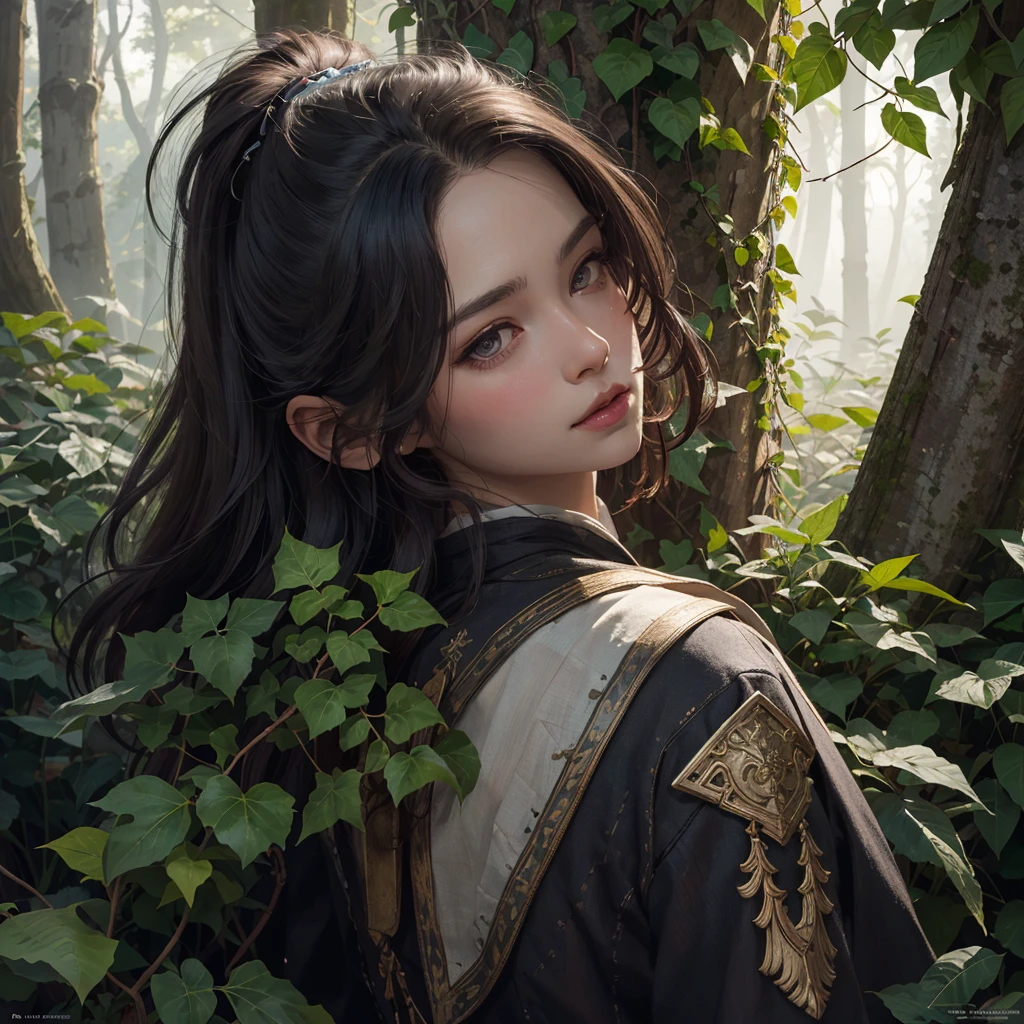 temple priestess, Dark_Forest background. ivy framing, druidic motifs. soft lighting, sharp focus, influenced by Marc Simonetti, Yoji Shinkawa, WLOP. Paint drops, rough edges, intricate details, trending Artstation. Studio photo, highly detailed