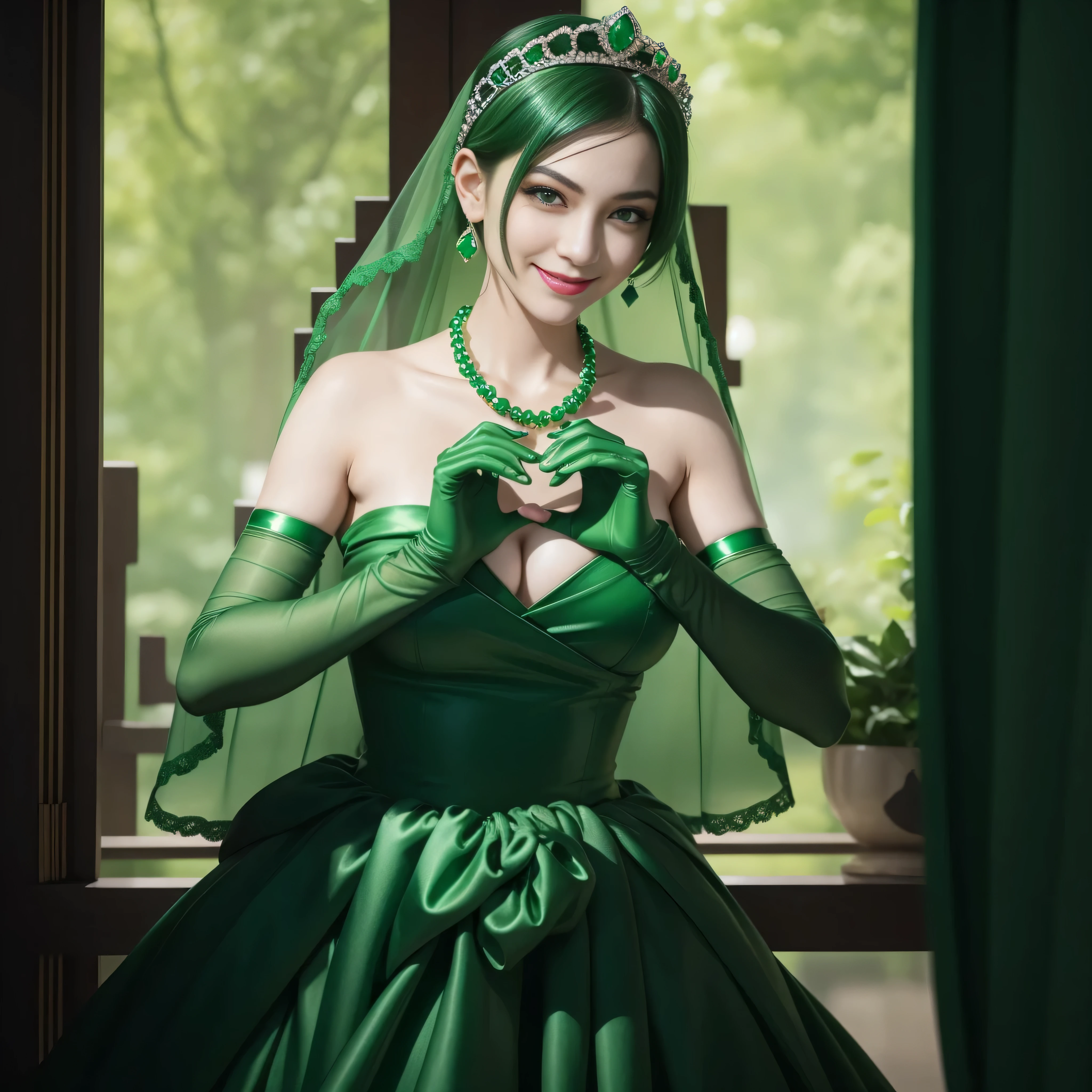 emerald tiara, Green Pearl Necklace, Boyish very short green hair, lipsticks, Japan woman smiling, very short short hair, big breasts beautiful, Green eyes, Long green gloves made of satin material, Green eyes, Emerald Earrings, green vale, Heart with both hands, Green hair