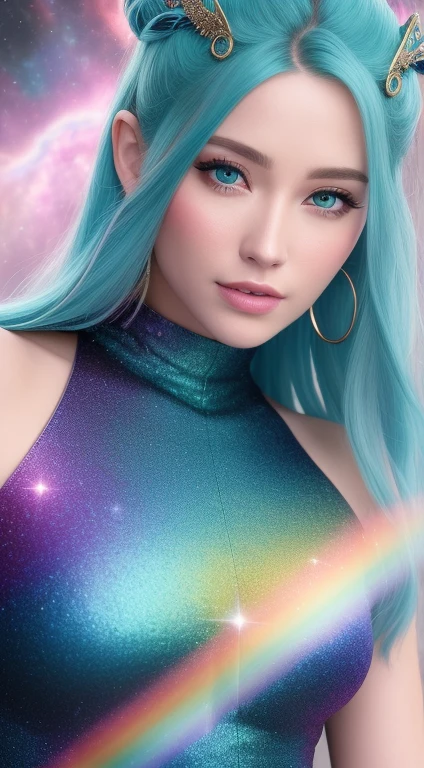 (best quality,4k,8k,highres,masterpiece:1.2),ultra-detailed,(realistic,photorealistic,photo-realistic:1.37),detailed eyes and face,longeyelashes,a girl with rainbow-colored hair and a detailed teal dress adorned with armor,an elaborate pose,a background of rainbow-colored nebulae and galaxies,twinkling stars, intricate details,a perfect face