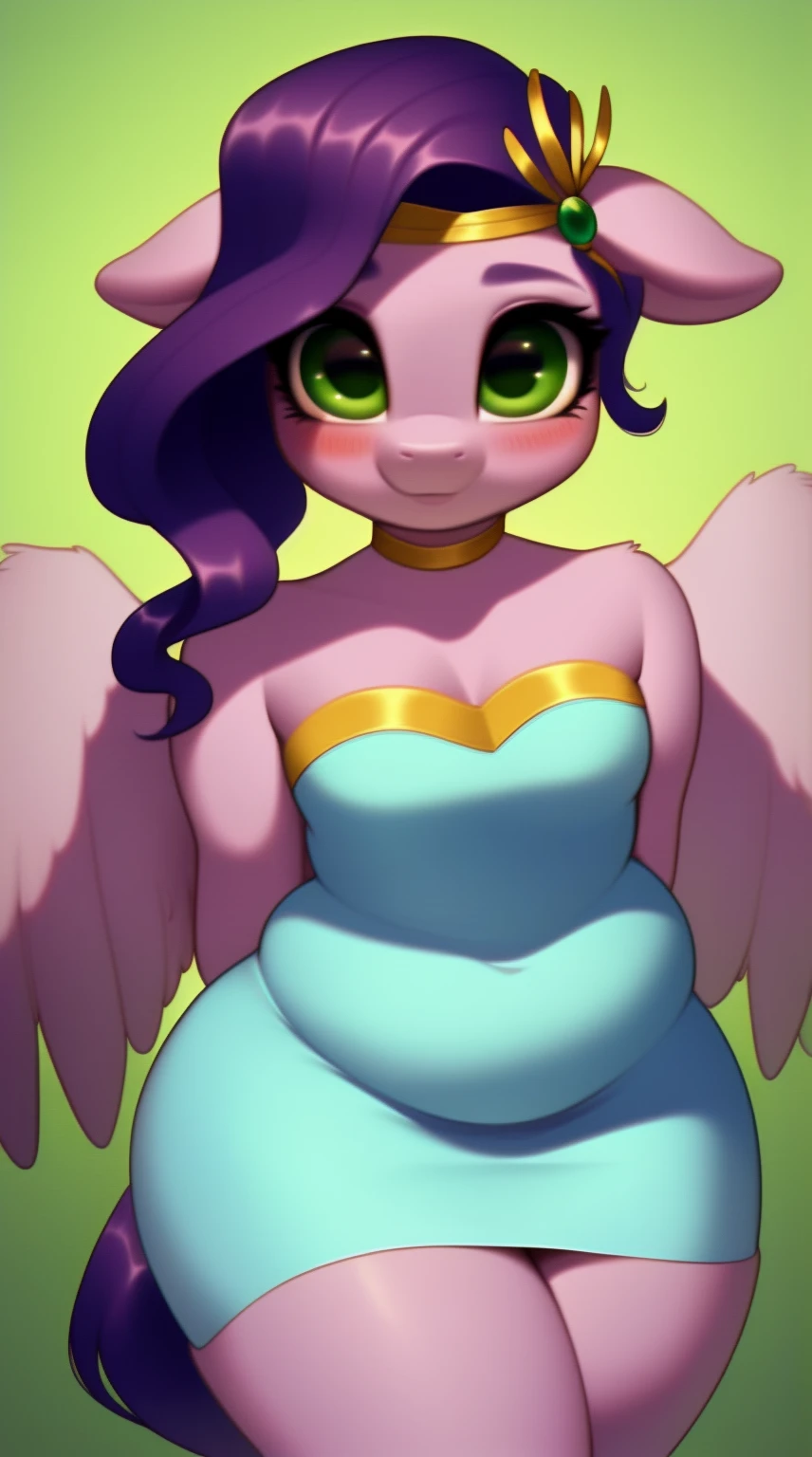 (score_9), (source_pony), (solo), (pegasus), ((anthro young pipp petals :1.1)), (strapless light teal dress), sexy, anxious smile ,floppy ears, blushing, long hair, anatomically correct, night garden, flat chest, half body, anime art style, solo, light purple fur, green eyes, arms behind back, hourglass figure, curvy, plump body, child, short, chubby, cute, high res, thick thighs,