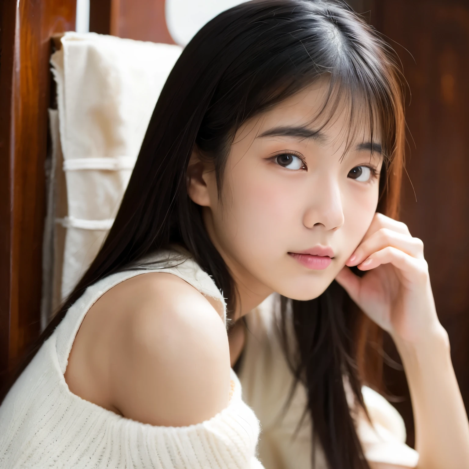 Asian woman,18yr old,,Face flushed and shy