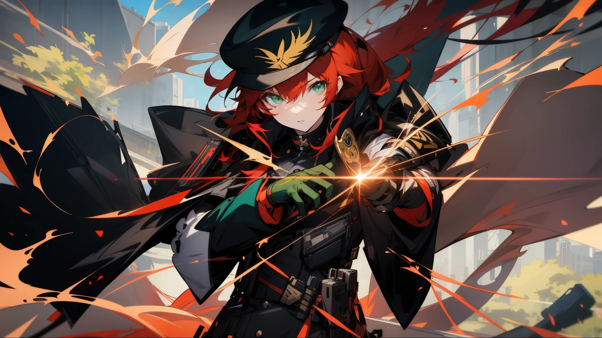 anime girl with red hair and green eyes in a city street, girls frontline style , fine details. girls frontline, girls frontline cg, artwork in the style of guweiz, female protagonist 👀 :8, persona 5 art style wlop, kawacy, guweiz on pixiv artstation,anime girl, red hair, black cap, black and blue Sherlock Holmes outfit, green eyes, white gloves