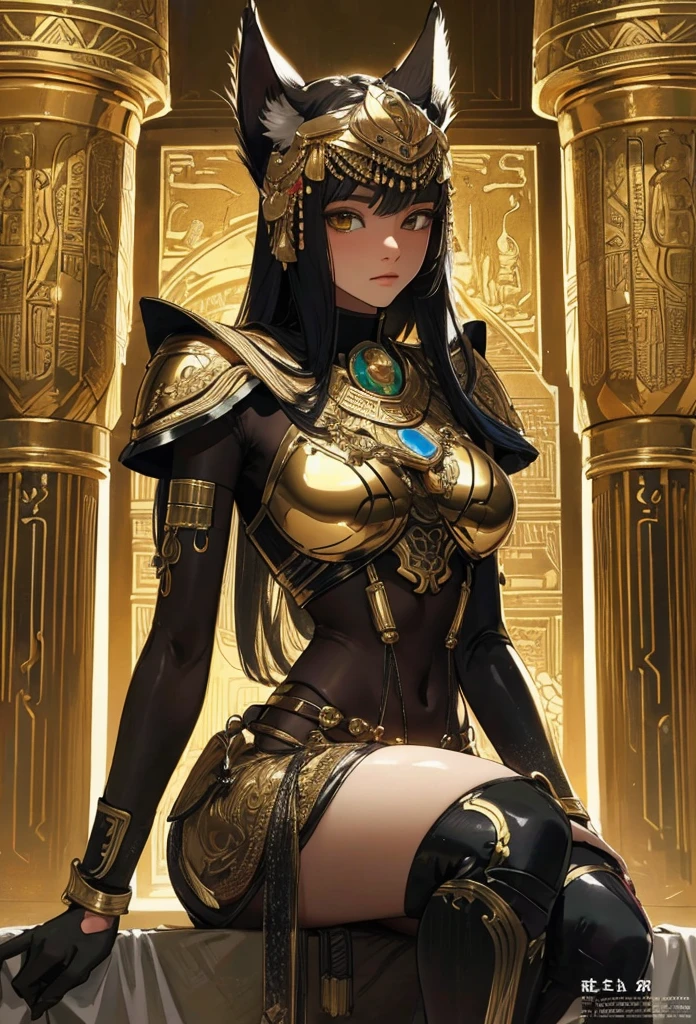 (Detailed illustrations,Very detailed and detailed drawing,Delicate lines with slow and rapid,Realistic texture expression),[Color tressed main line],[ruins background [Ancient Egypt]],HENTAI (ANIME Girl (Beautiful fece) ) cyborgs [(skin tanned) [Lustrous black hair]],((Bastet) Beautifully decorated golden cyber armor) ([Complex decorative processing] [elegent],Gorgeous golden luster (Polished reflective luster)) [Gorgeous and luxurious],gravure,[Oparts Lost Technology [Hierograph]],(複雑でBeautiful fece装飾 [Dense detail]),(きめ細やかでBeautiful fece肌表現 [Transparency]),[完璧な目のdetaileds (Iris beautifully drawn in every detail)[Jewel-like eyes]],[長くてBeautiful fece睫毛],[Meticulously drawn hair [美しく艷やかな髪のdetaileds]],(完璧な手のdetaileds [破綻のないBeautiful fece指 [Beautiful nails]]),(Perfect Anatomy(Perfectly proportioned))[[Full body like]],[[Design built to the highest level]][Ideal color coordination(Accurate simulation of light-material interactions)],([Precision Detail](detaileds,high-detail)),[Visual art that conveys a sense of narrative].