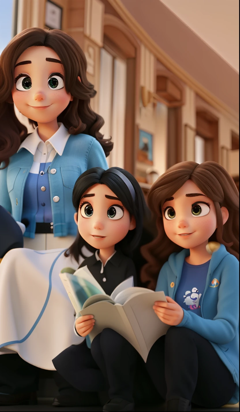 Estilo Pixar, alta qualidade, it's three girls, a menina do meio tem cabelo preto