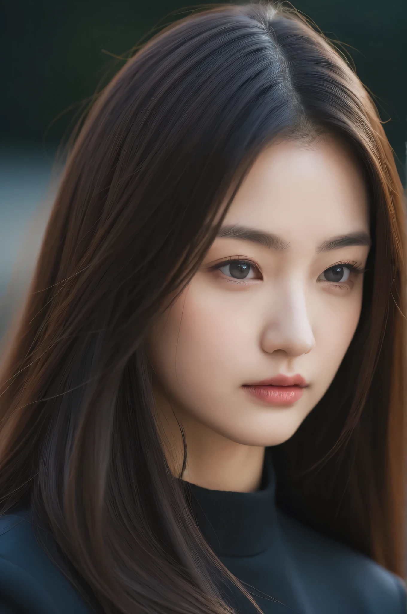 Best quality at best, realistically, ultra - detailed, Detailed pubic hair, A high resolution, 8k wallpaper, 35 year old skinny beauty，black hair color hair, Head rope，double dimple，Wear a dark suit, lock focus, Perfect dynamic composition, beautidful eyes, Delicate hair, 细致realistically的皮肤纹理, Cool emoticons, closeup portrait, Model body type