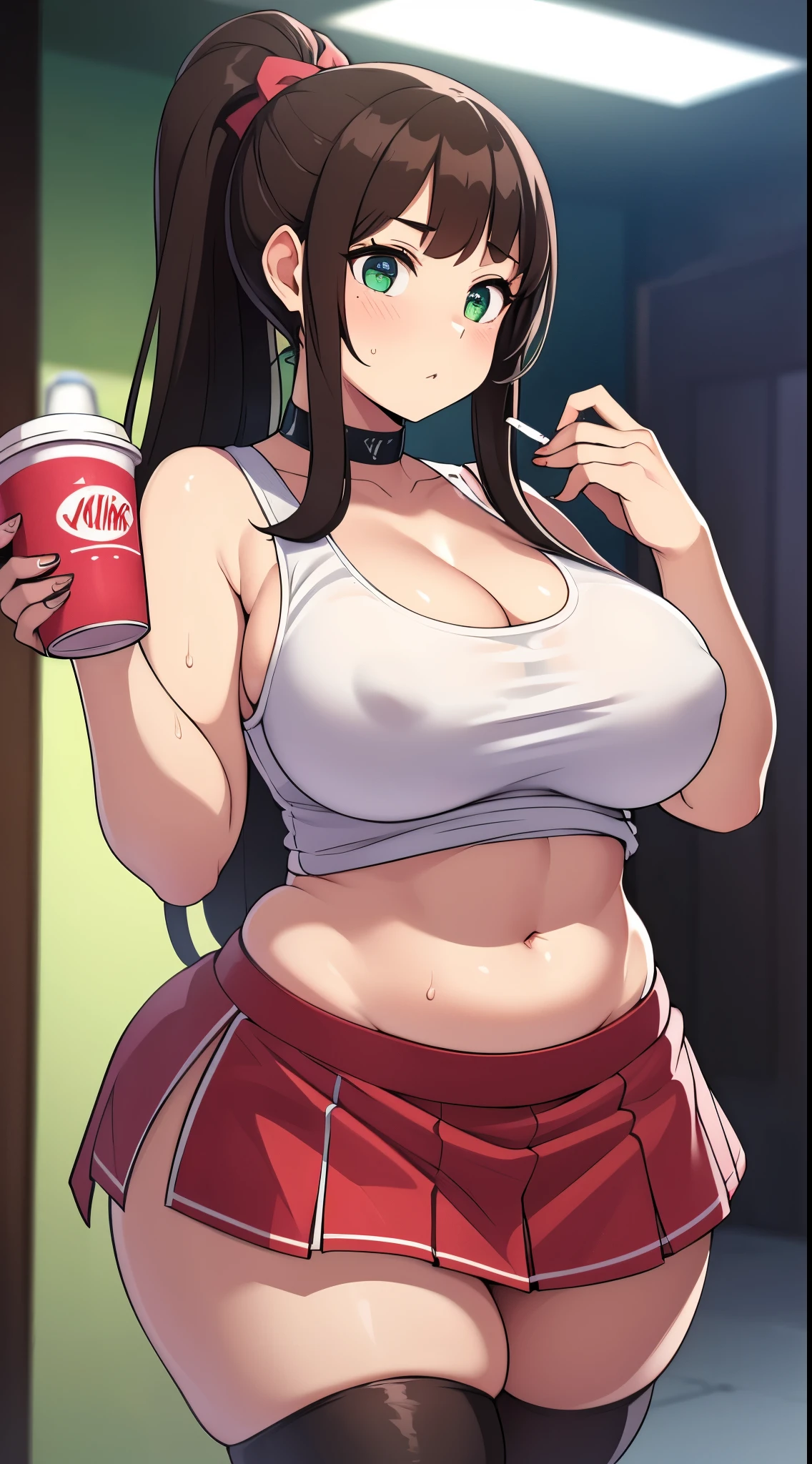 ((Masterpiece)), perfect anatomy, perfect shading, field of depth, (best quality), extremely delicate and beautiful, perfect lighting, detailed face, ultra cute face, cute, (cowboy shot 1.2) , looking at viewer, full body, (((1girl))), (((solo))), cheerleader
long hair, fluffy hair, brown hair, ponytail, green eyes, ((blush))), nervous, (cheerleader uniform), (white tank top 1.2), (short section red skirt 1.2), thigh highs, chocker, extremely tight clothes, large breasts, cleavage, perky breasts, (wide hips), (thick thighs), pudgy,
fast food restaurant, intricate background, detailed background, sweaty, holding a soda,