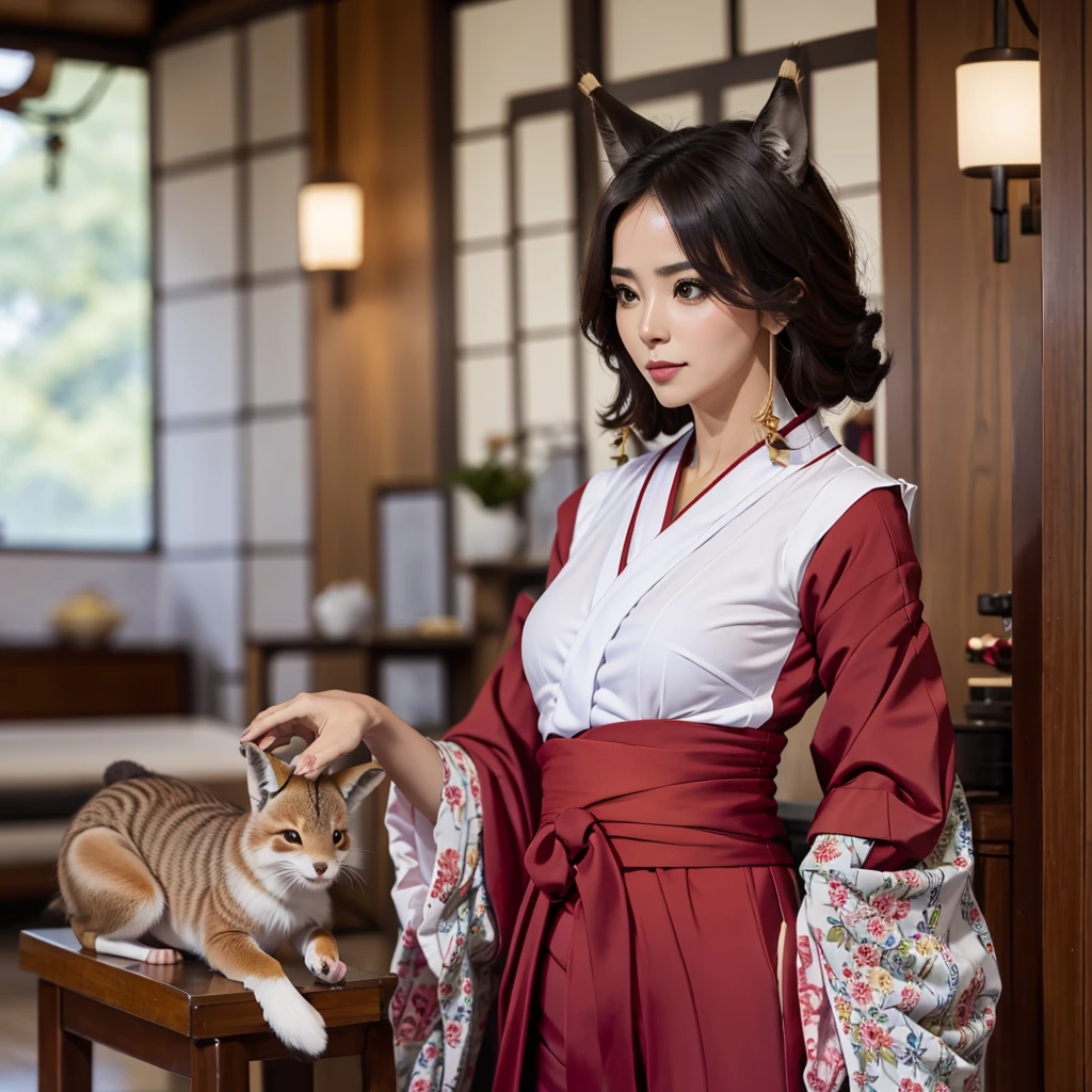 Mulher com orelhas de raposa, cabelos pretos e vestindo um kimono.