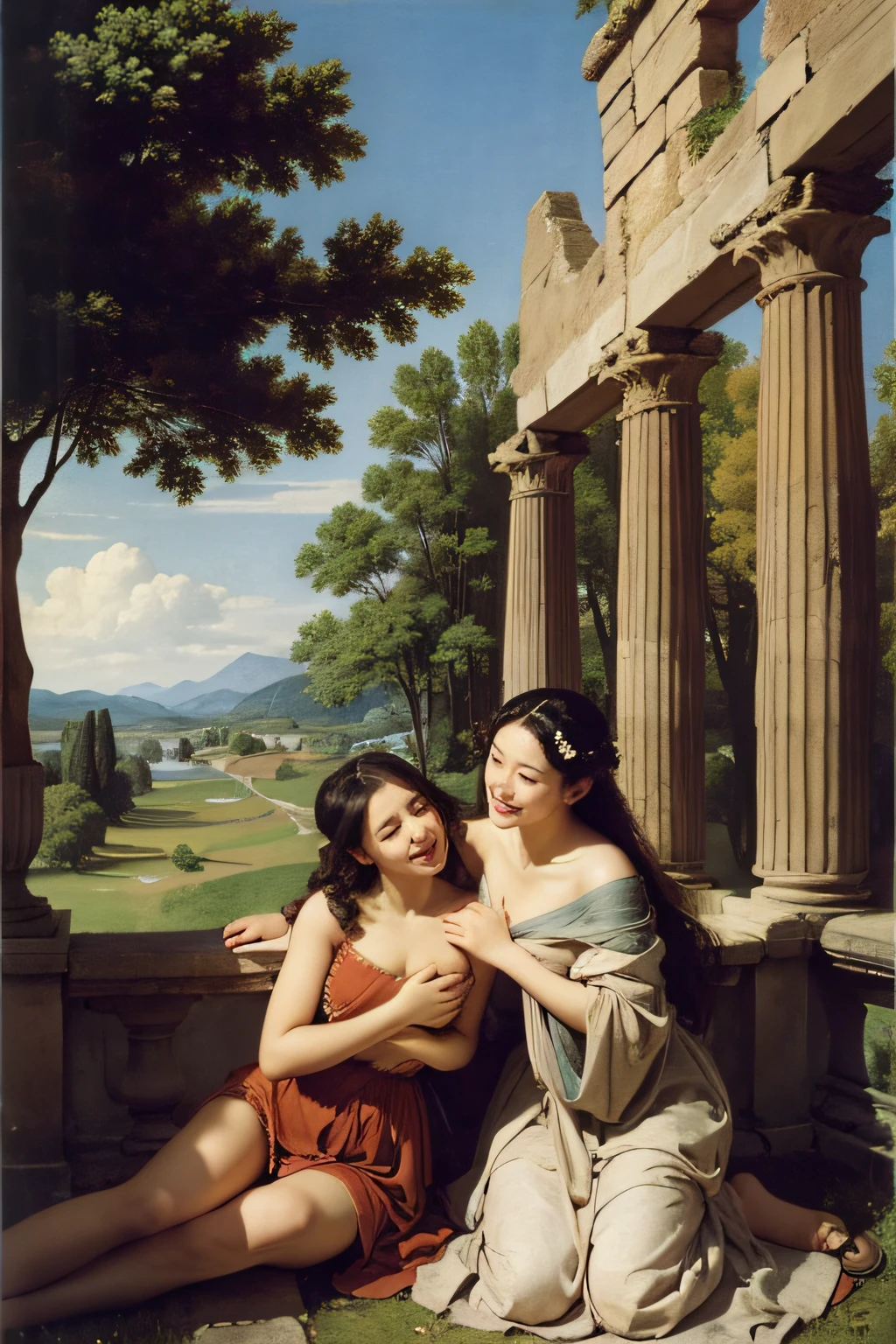 Ancient Roman ruins,Poussin-style landscape,A smile,,Sweet and seductive appearance.、Caravaggio's paintings、Chiaroscuro of Caravaggio、Hair disheveled in the wind,Two women frolicking,Cute smile, Expression of ecstasy,A sexy,Erotic