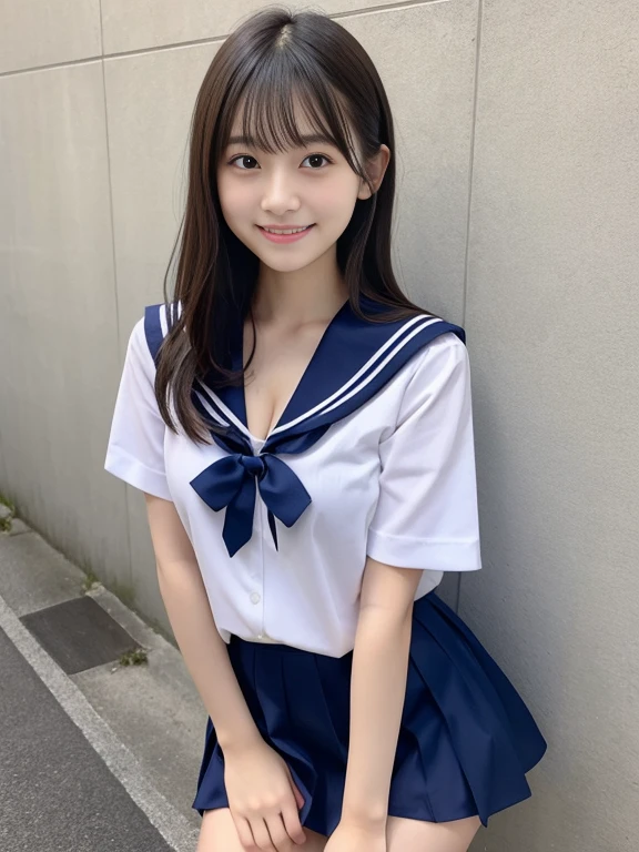 japanes、girl with、1人、、A dark-haired、length hair、high-school uniform、a sailor suit、やぶけた白いa sailor suit、Underwear on bare chest（Ren Hao）is visible、shortsleeves、cleavage of the breast、Dark blue mini skirt、thighs thighs thighs thighs、knee sox、tiny chest、Gentle smile、lightly dressed、Skin revealing