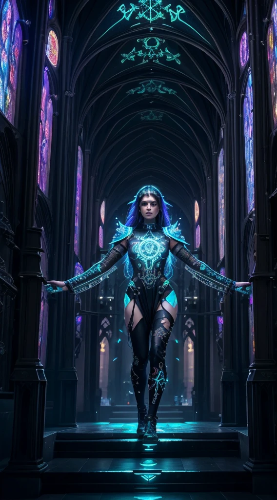 A cyberpunk priestess, her body adorned with luminescent tattoos resembling circuitry, conducting a ritual amidst a cathedral-like structure formed by floating, intertwining fractal patterns that emit an ethereal glow in a cybernetic realm.