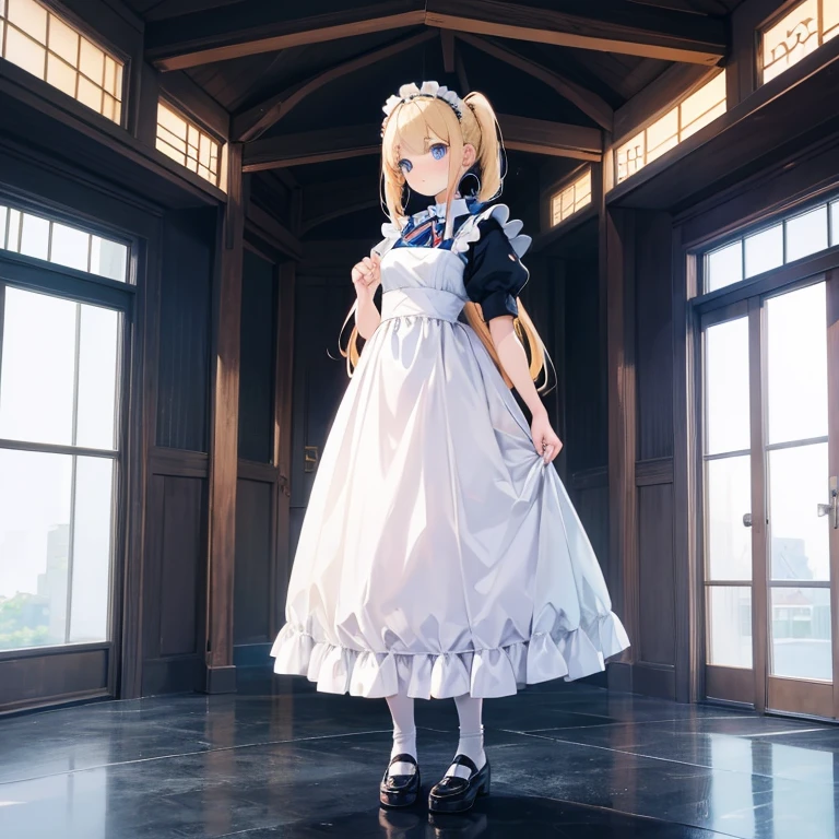 Blonde blue eyes、poneyTail、tall、kawaii、fullbody、Maids、standing looking ahead、without background