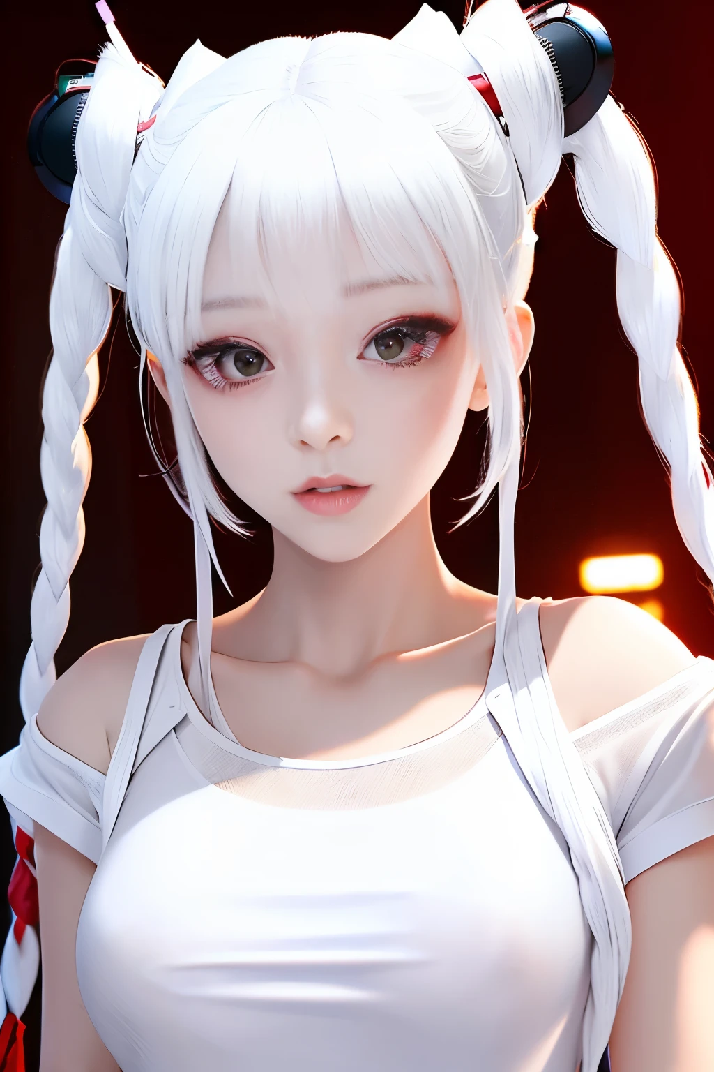 optimum，tmasterpiece，hight resolution，best qualtiy，hyper HD，super detailing，awardwinning，16 K，独奏，（The upper part of the body），anatomy correct，Beautiful cyberpunk girl，cowboy  shot、cute  face，，a blond、Longhaire、Twin-tailed、Braids, Hairline，（（scarlet eyes）），long eyelasher，Hanging eye corners，White skin of the，Shooting from below, ((white t-shirts:1.5)), ((Sheer nipples))、Rocket Tits, （Slim body），