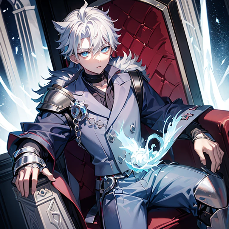 killua zoldyck anime crackter, white hair, blue eyes, wearing knight armor sitting on a royal chair