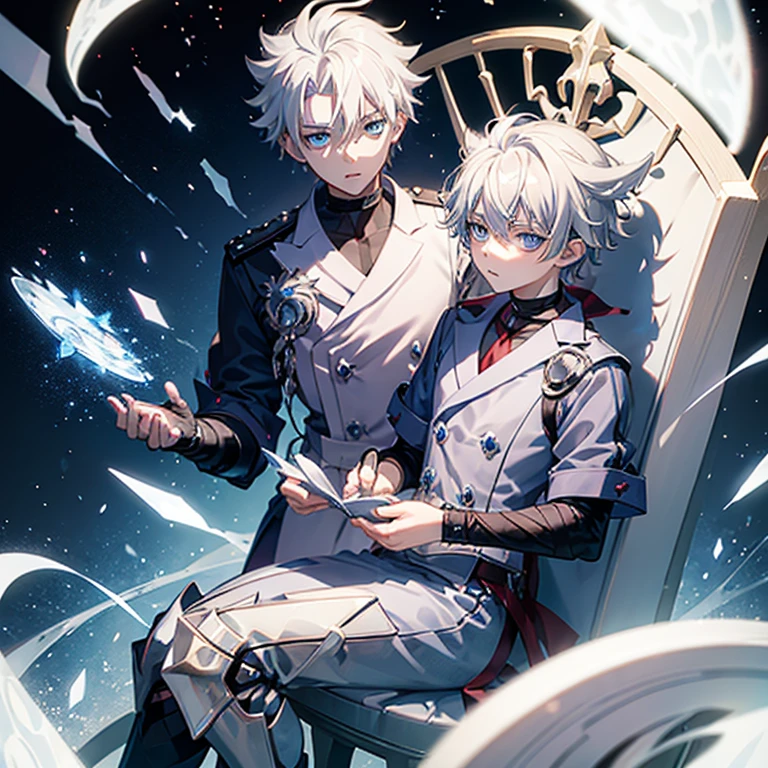 killua zoldyck anime crackter, white hair, blue eyes, wearing knight armor sitting on a royal chair