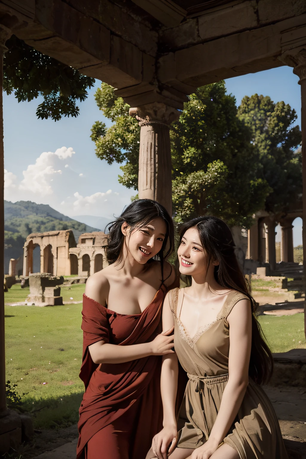 Ancient Roman ruins,Poussin-style landscape,A smile,,Sweet and seductive appearance.、Caravaggio's paintings、Chiaroscuro of Caravaggio、Hair disheveled in the wind,Two women frolicking,Cute smile, Expression of ,A sexy,Erc