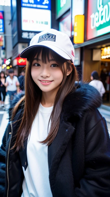 top-quality, masutepiece, 超A high resolution, (Photorealistic:1.4), Raw photo, A highly detailed, perfect anatomia, Ultra-detailed,
1girl in, sixteen years old, most famous japanese idol, Grinning, On the main street of Tokyo, ((((walking while taking cocaine)))),
He is wearing a black baseball cap with a cool design and a black luxurious fur coat。,
Very cute face resembles the most popular Japanese actress, very beautiful big black solid circle eyes, Very beautiful lips, very beautiful realistic skin, Extremely beautiful body, perfectly proportions,
Detailed black baseball cap with cool design, Detailed black luxury fur coat, Detailed explanation of Tokyo's main street