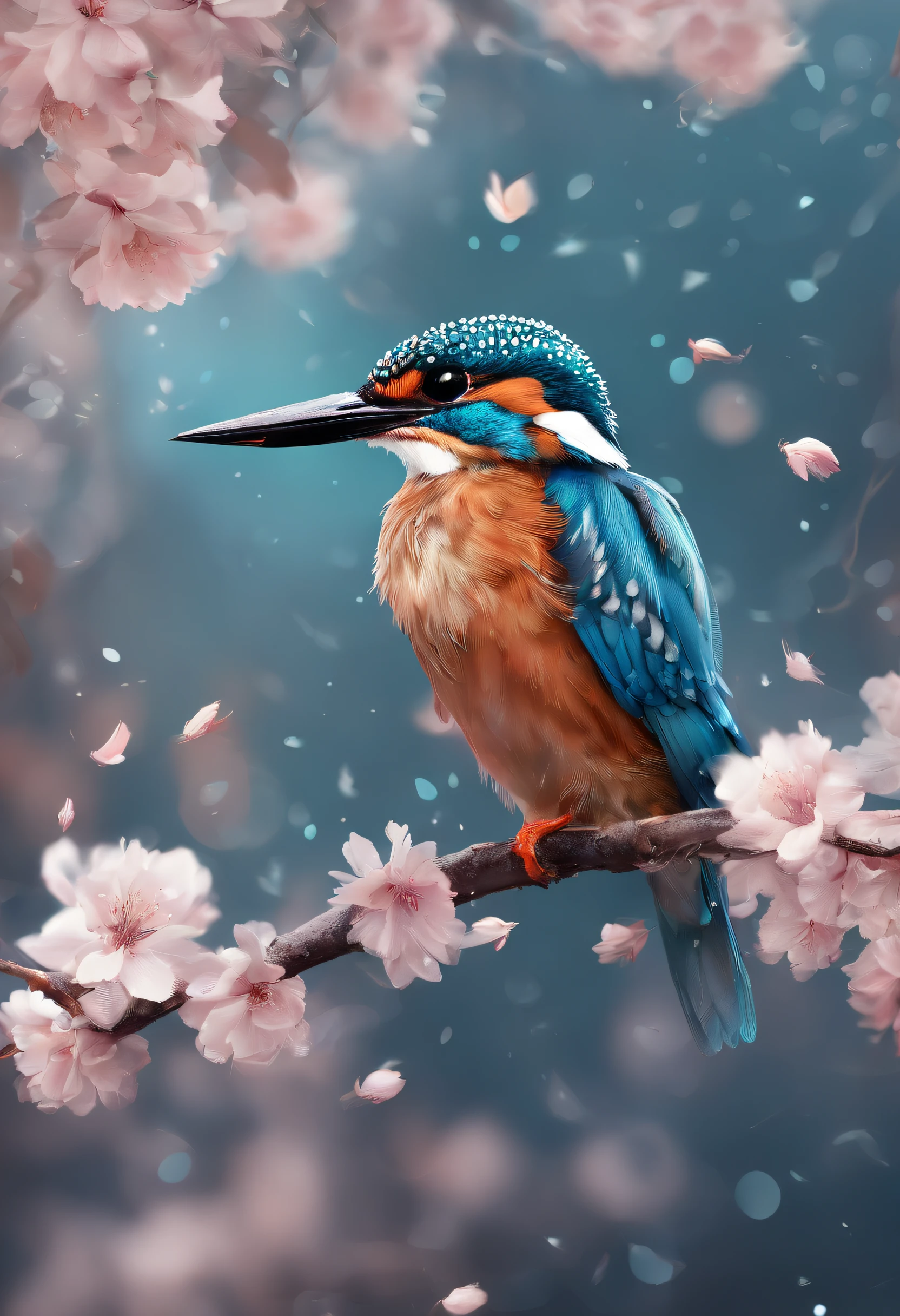 Superb Kingfisher Near White Cherry Blossoms on Branches, Dark, Dawn, (Cold Morning: 1.1), (Morning Dew: 1.15), Realistic Photography, (Low Photo: 1.2), Detail, 8K, Intricate Folded Feathers, Water Droplets on Feathers, (to8contrast style), (MIST: 0.7), Bright Colors, Sony a6600 Mirrorless Camera, embellish2