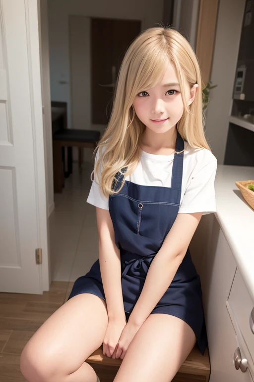 a very cute blonde 14yo girl, naked over apron, squatting, raw photo