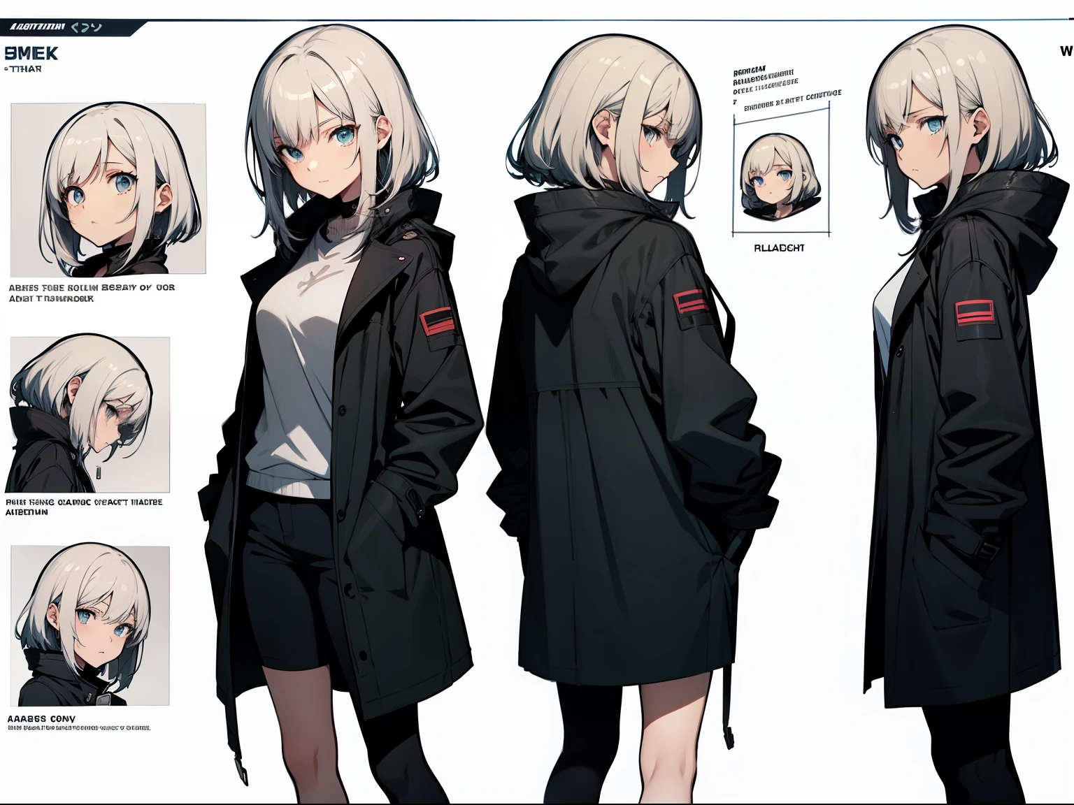 white hair, medium hair,Tsurime,Blue eyes,black coat, Black shorts, standing, bare-legged, solo, full bodyesbian, Transparent diagram, Hands in your pockets, anime, anime style, character chart, masterpiece, best quality, highres, high details, anatomically correct, ccurate, UHD,Sharp outline