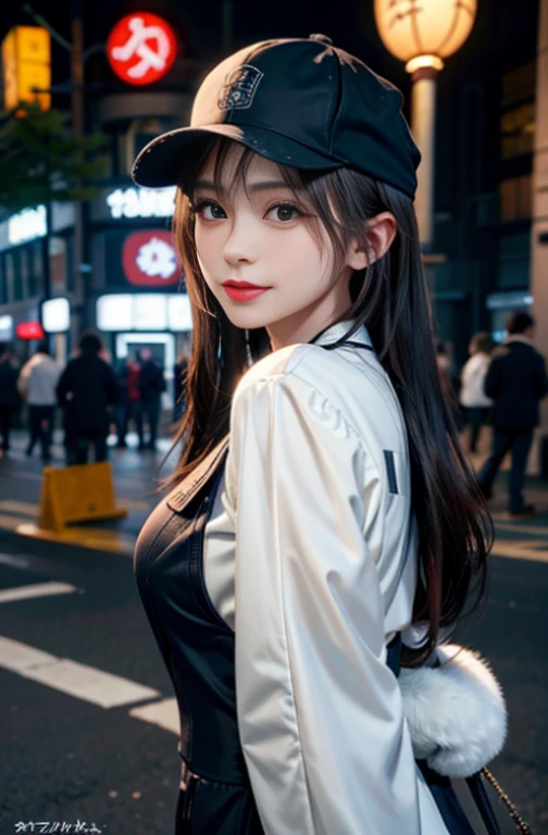 top-quality, masutepiece, 超A high resolution, (Photorealistic:1.4), Raw photo, A highly detailed, perfect anatomia, Ultra-detailed, 

1girl in, sixteen years old, most famous japanese idol, Grinning, On the main street of Tokyo, ((((walking while taking ???????)))), 

He is wearing a black baseball cap with a cool design and a black luxurious fur coat。, 

Very cute face resembles the most popular Japanese actress, very beautiful big black solid circle eyes, Very beautiful lips, very beautiful realistic skin, Extremely beautiful body, perfectly proportions, 

Detailed black baseball cap with cool design, Detailed black luxury fur coat, Detailed explanation of Tokyo&#39;s main street