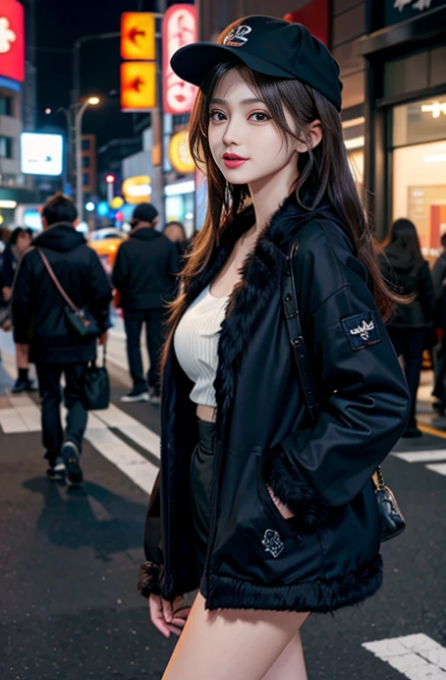 top-quality, masutepiece, 超A high resolution, (Photorealistic:1.4), Raw photo, A highly detailed, perfect anatomia, Ultra-detailed, 

1girl in, sixteen years old, most famous japanese idol, Grinning, On the main street of Tokyo, ((((walking while taking cocaine)))), 

He is wearing a black baseball cap with a cool design and a black luxurious fur coat。, 

Very cute face resembles the most popular Japanese actress, very beautiful big black solid circle eyes, Very beautiful lips, very beautiful realistic skin, Extremely beautiful body, perfectly proportions, 

Detailed black baseball cap with cool design, Detailed black luxury fur coat, Detailed explanation of Tokyo&#39;s main street
