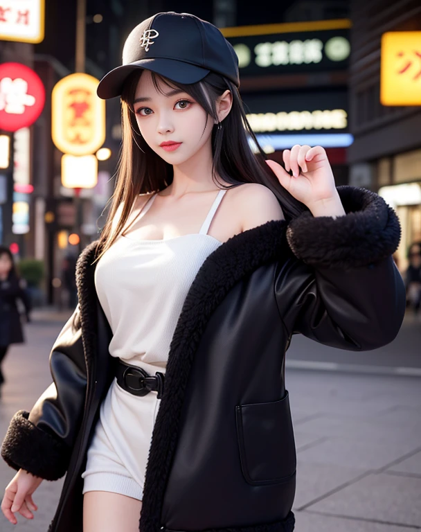 top-quality, masutepiece, 超A high resolution, (Photorealistic:1.4), Raw photo, A highly detailed, perfect anatomia, Ultra-detailed, 

1girl in, sixteen years old, most famous japanese idol, Grinning, On the main street of Tokyo, ((((walking while taking cocaine)))), 

He is wearing a black baseball cap with a cool design and a black luxurious fur coat。, 

Very cute face resembles the most popular Japanese actress, very beautiful big black solid circle eyes, Very beautiful lips, very beautiful realistic skin, Extremely beautiful body, perfectly proportions, 

Detailed black baseball cap with cool design, Detailed black luxury fur coat, Detailed explanation of Tokyo&#39;s main street