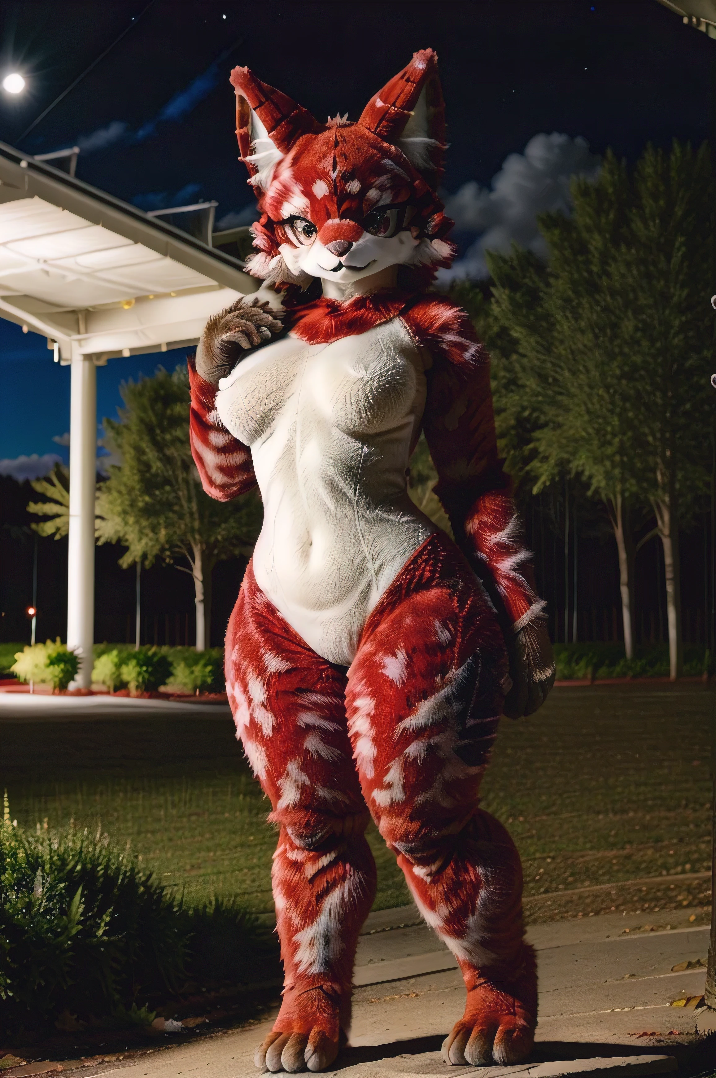 , , nudefursuit, thicc woman, outside in a park, (nighttime), lovely, fur, fur head, standing, upper body, looking at viewer, animal focus, furry, animal ears, paw, paw shoes, vibrant fur, RAW photo, uhd, dslr, high quality, realistic, photo realistic, high saturation
