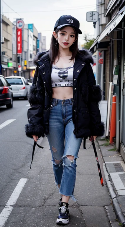 top-quality, masutepiece, 超A high resolution, (Photorealistic:1.4), Raw photo, A highly detailed, perfect anatomia, Ultra-detailed,
1girl in, sixteen years old, most famous japanese idol, Grinning, On the main street of Tokyo, ((((walking while taking cocaine)))),
He is wearing a black baseball cap with a cool design and a black luxurious fur coat。,
Very cute face resembles the most popular Japanese actress, very beautiful big black solid circle eyes, Very beautiful lips, very beautiful realistic skin, Extremely beautiful body, perfectly proportions,
Detailed black baseball cap with cool design, Detailed black luxury fur coat, Detailed explanation of Tokyo's main street