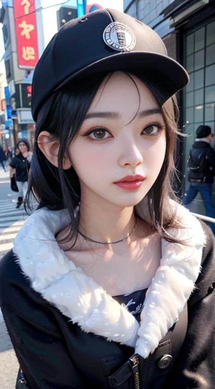 top-quality, masutepiece, 超A high resolution, (Photorealistic:1.4), Raw photo, A highly detailed, perfect anatomia, Ultra-detailed,
1girl in, , most famous japanese idol, Grinning, On the main street of Tokyo, ((((walking while taking cocaine)))),
He is wearing a black baseball cap with a cool design and a black luxurious fur coat。,
Very cute face resembles the most popular Japanese actress, very beautiful big black solid circle eyes, Very beautiful lips, very beautiful realistic skin, Extremely beautiful body, perfectly proportions,
Detailed black baseball cap with cool design, Detailed black luxury fur coat, Detailed explanation of Tokyo's main street