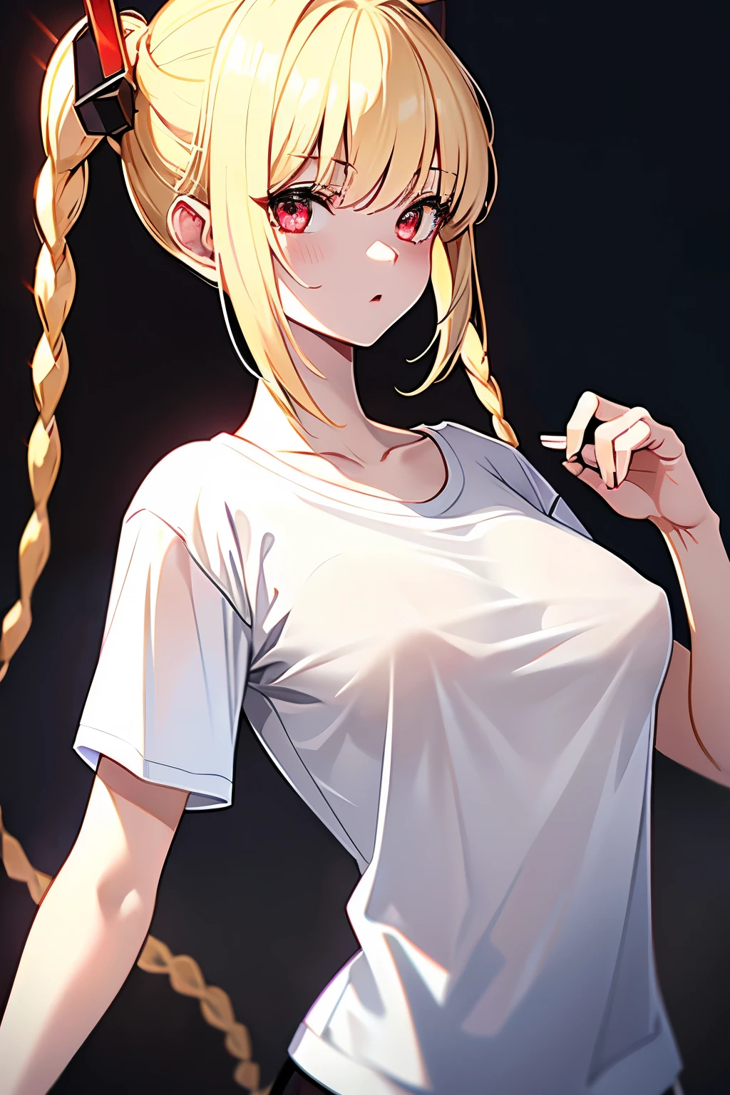 optimum,tmasterpiece,hight resolution,best qualtiy,hyper HD,super detailing,awardwinning,16 K,独奏,(The upper part of the body),anatomy correct,Beautiful cyberpunk girl,cowboy shot、cute face,,a blond、Longhaire、Twin-tailed、Braids, Hairline,((scarlet eyes)),long eyelasher,Hanging eye corners,White skin of the,Shooting from below, ((white t-shirts:1.5)), ((Sheer nipples))、Rocket Tits, (Slim body),