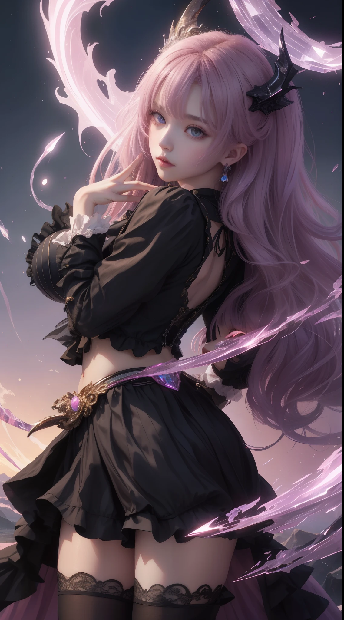 tmasterpiece，Highest image quality，The beautiful bust of a noble dragon lolita，Exquisite pinkish purple hairstyle，obsidian eyes，Gorgeous and sophisticated black lolita dreslack striped lolita skirt，A pair of dragon horns and huge dragon wings，sceptre，超级无敌flatchest，Ultra-detailed details，advanced。At the Pixiv Art Station，Break your own power，Louie，flatchest，R-18G